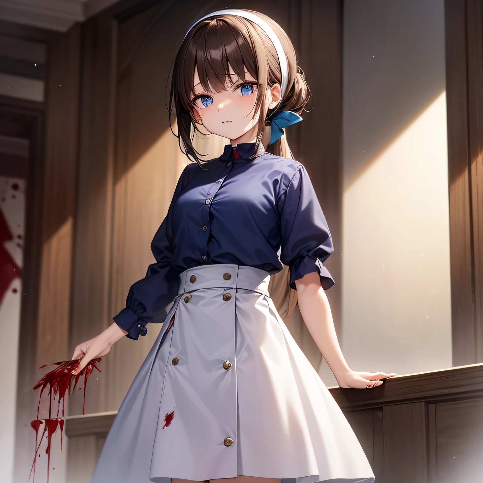 Top quality, very delicate and beautiful, girl, , (dark brown hair), blue clothes with vertical buttons, belt at the waist, white skirt, (ponytail)), (white hair band), (brown boots), blue eyes, standing, (face of hatred), (darkness fallen), blood wet, (a large amount of fresh blood), (a large amount of return blood), (fresh blood on the ground)