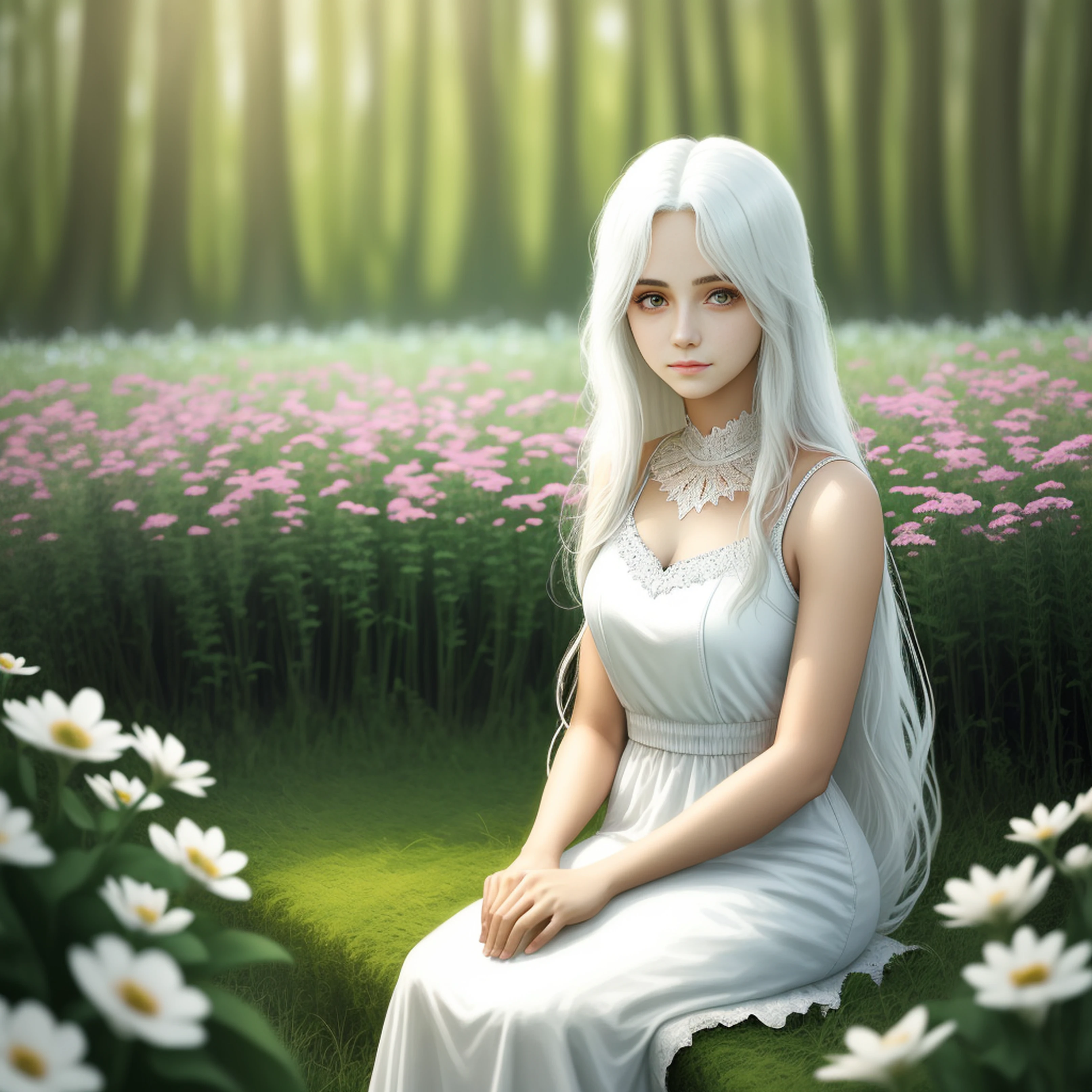 1 girl with long white hair sitting in a field of greenery and flowers，Warm lighting，White dress，Blurred foreground