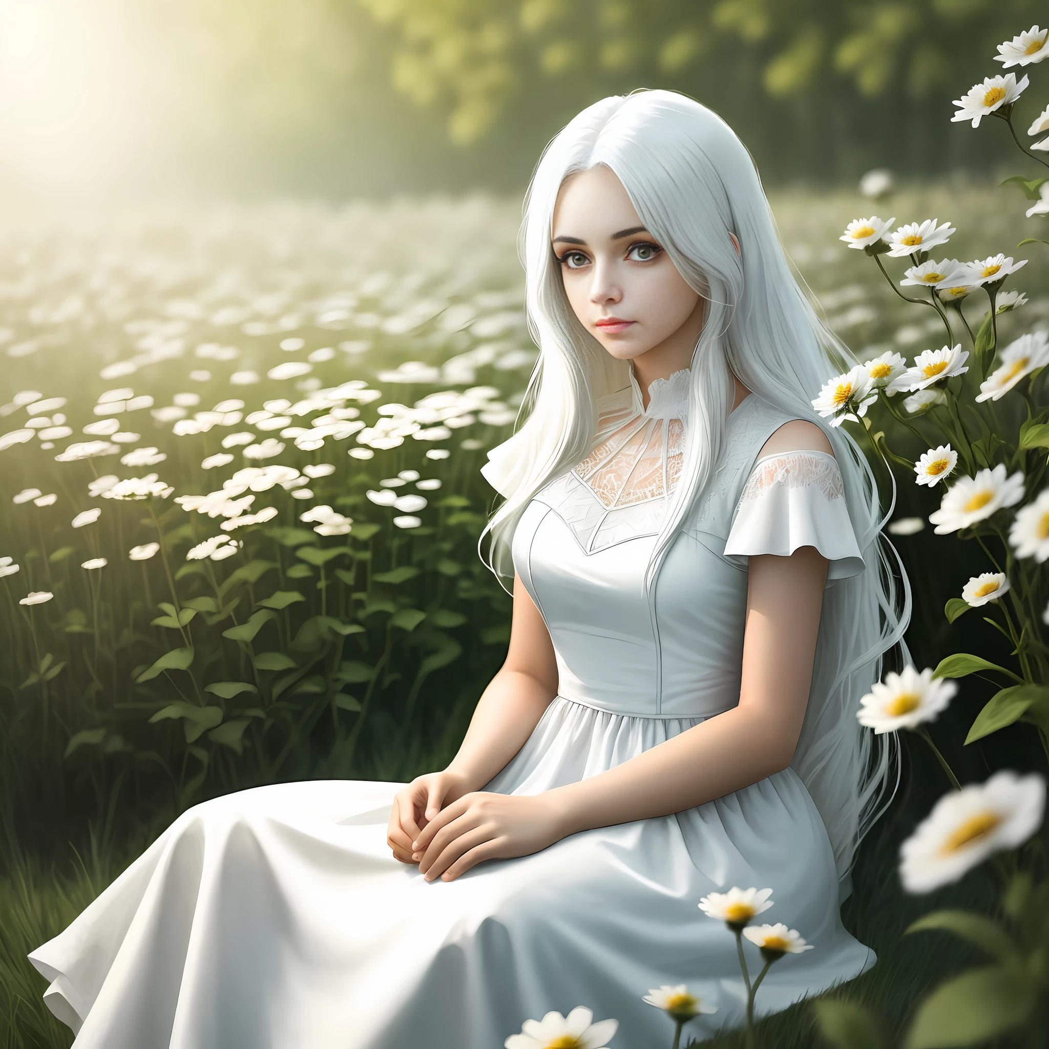 1 girl with long white hair sitting in a field of greenery and flowers,Warm lighting,White dress,Blurred foreground