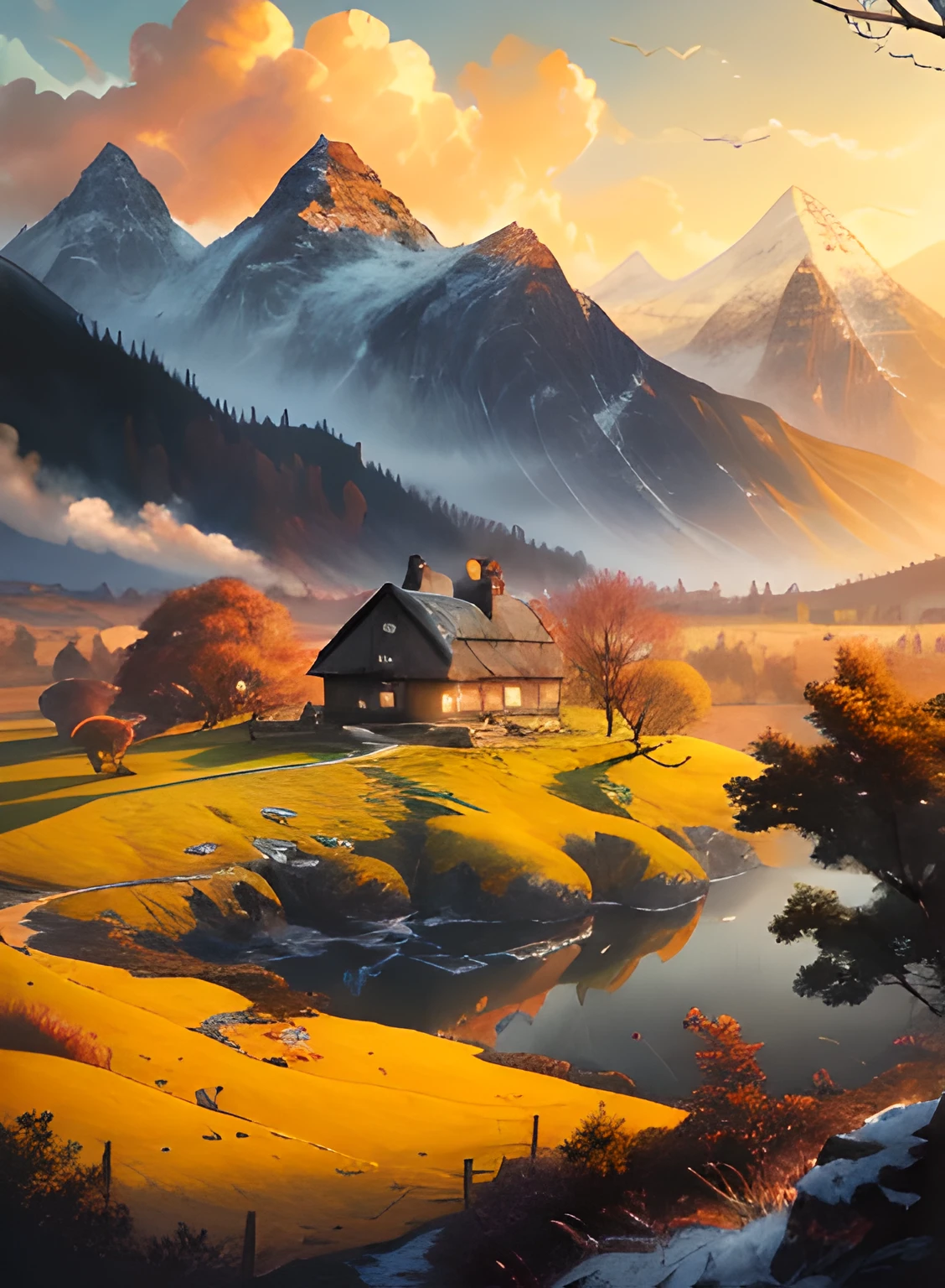 There is a painting of mountain views，There is a house in the distance, scenery artwork, scenery art detailed, digital landscape art, a beautiful artwork illustration, detailed scenery —width 672, anime countryside landscape, 4 k digital painting, 4k digital painting, anime landscape, beautiful digital artwork, detailed digital painting, by Yang J, beautiful digital painting