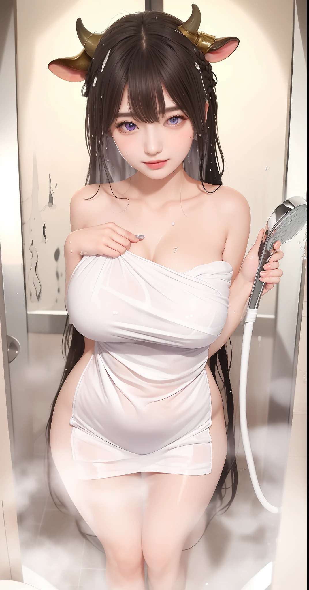 An Idol k-pop girl, cute face, braid hair, intricate face details, detailed face, golden ratio face, ((big breasts:1, slim waist, big butt, big hip, big thighs)), ((intricate hands)), ((intricate feets)), full body, 64K, UHD, HDR, global illumination, (high quality, high detailed, hyper detailed, extremely detailed), photo realistic, ultra realistic, art photo, (clarify the details, detailed parts body), intricate artwork masterpiece, trending on artstation, (lewd face), shoft smile, tight clothes, (((cover your body with a bath towel:1,5))), ((see through clothes:1,5)), ((no underwear)), ((wet clothes, wet skin, waters drops on the skin)), left hand holding shower, bathroom background, wet door, wet floor, (cow ears, cow horns, purple eyes)