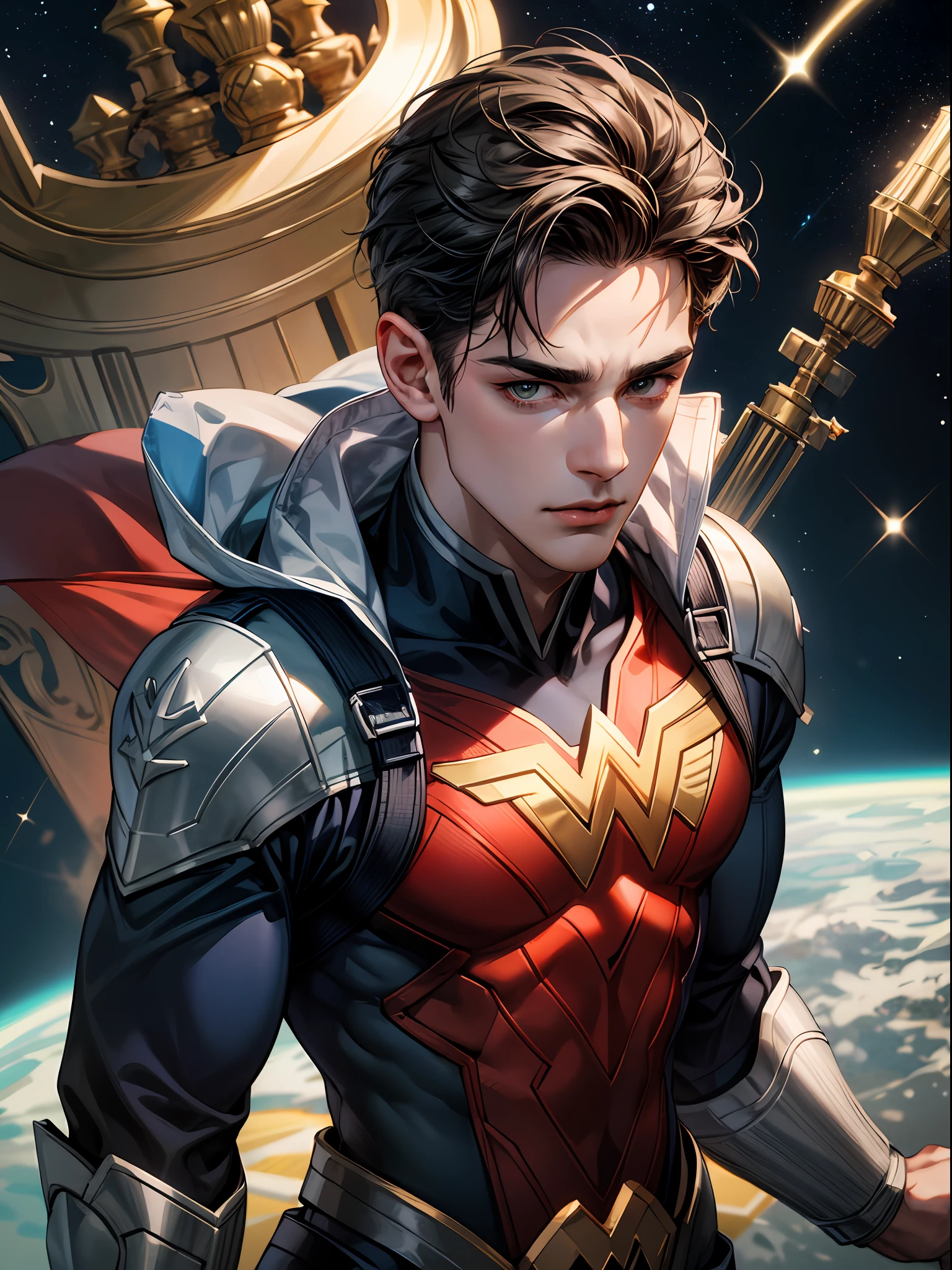 Best quality, masterpiece, ultra high res,detailed background,realistic,hadesstyle,solo,male,mature,bara,muscular,young male,short hair,facial hair,Best quality, masterpiece, ultra high res,detailed background,realistic,illustration,from below,full body,solo,1boy,upper body,(absurdres, highres, ultra detailed), ((Best quality)), ((masterpiece)), (detailed:1.4), (absurdres, highres, ultra detailed), 1 male, mature, manly, tall muscular, handsome, finely detailed eyes, intricate details, portrait, (bloody scars:0.7), looking at viewer, solo, (full body:0.6), detailed background, close up, determined expression, dynamic pose, evil wonder woman outfit, outer space, stars, comets, spacecraft, floating particles, battle scene, majestic atmosphere,