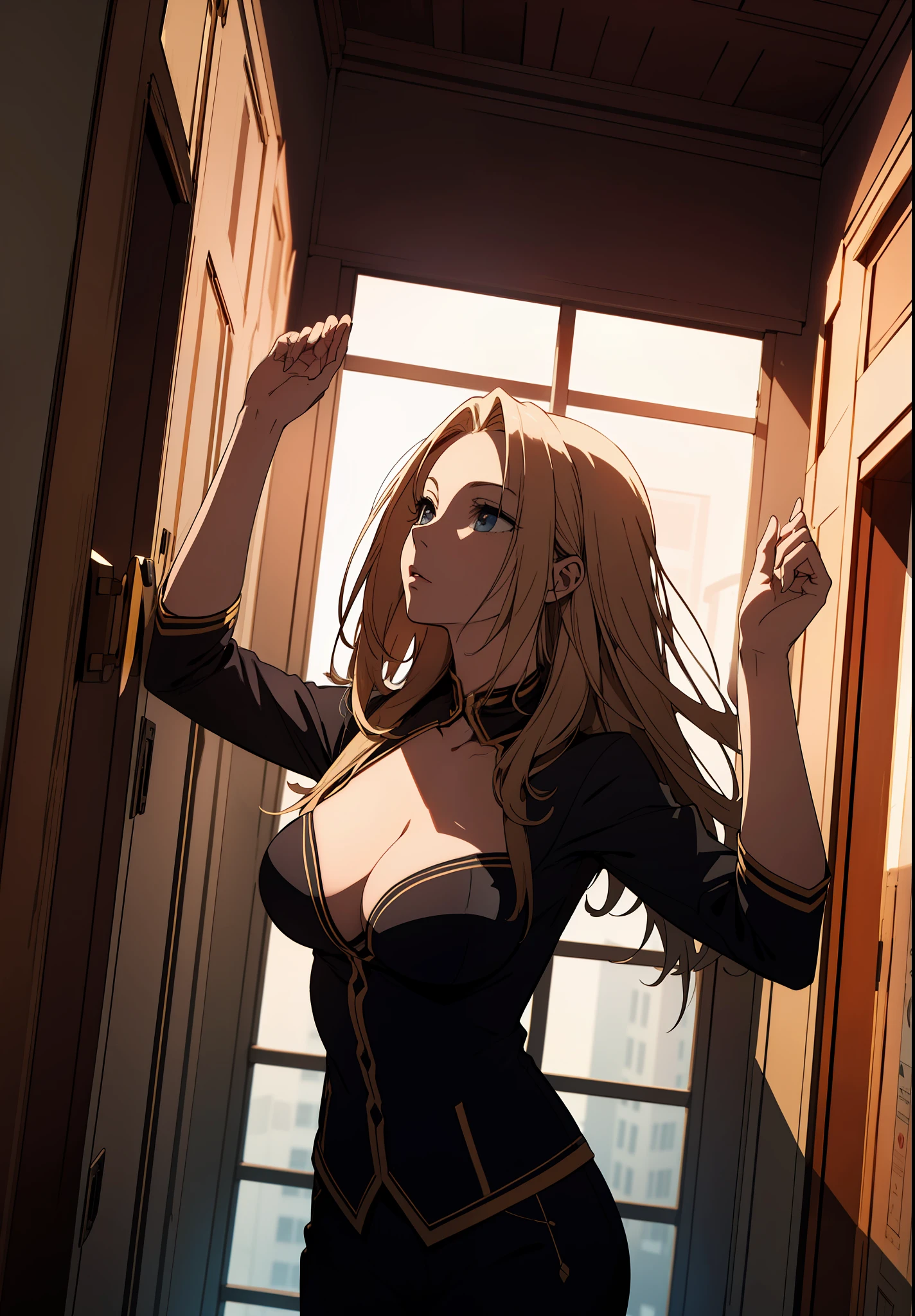 "Masterpiece, top-notch quality, stunningly high resolution,
1 woman, standing alone, arms raised, ample bosom, reaching towards the ceiling." From above, looking up at ceiling, close up on alpha