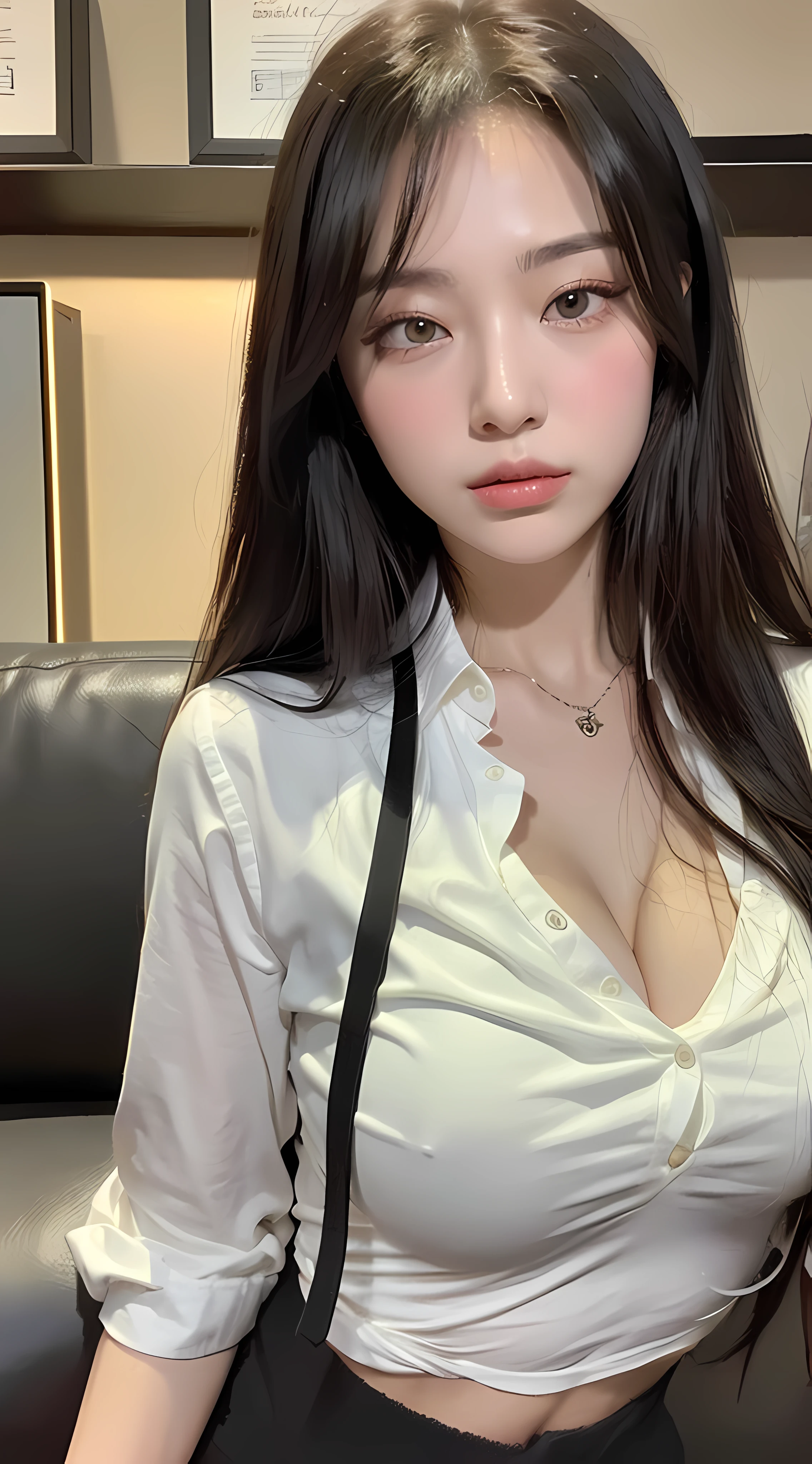 （（Top quality，8K，Meisterwerk：1.3）），belle，Hide your face，1 Girl，Beautiful：1.3，Slender abs：1.1，Large shirt（lax：1.4）Expose，Medium chest，Long black hair，（Kneel on the sofa），Super detailed face，Highly Detailed Lips，Detailed eyes，Double eyelids，Strict head and body ratios：1.5，Bar background：1.5