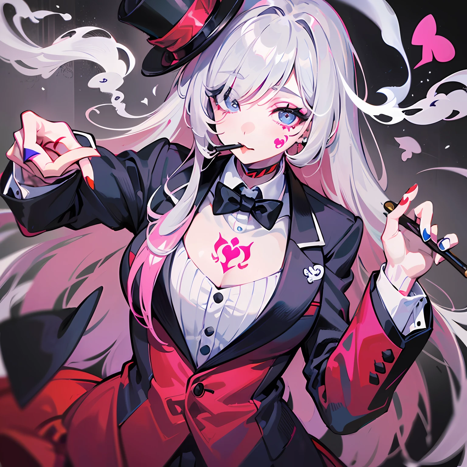 ((Masterpiece)), ((Best Quality)), ((Best Quality)), (Illustration of one girl), Long pink hair, (((Tall)), (White skin), Gray eyes, Blue eyeliner, (((Tattoo with a heart symbol around left eye)), ((Tuxedo)), (Top Hat)), Smoke Pipe, (Clown), (Circus)