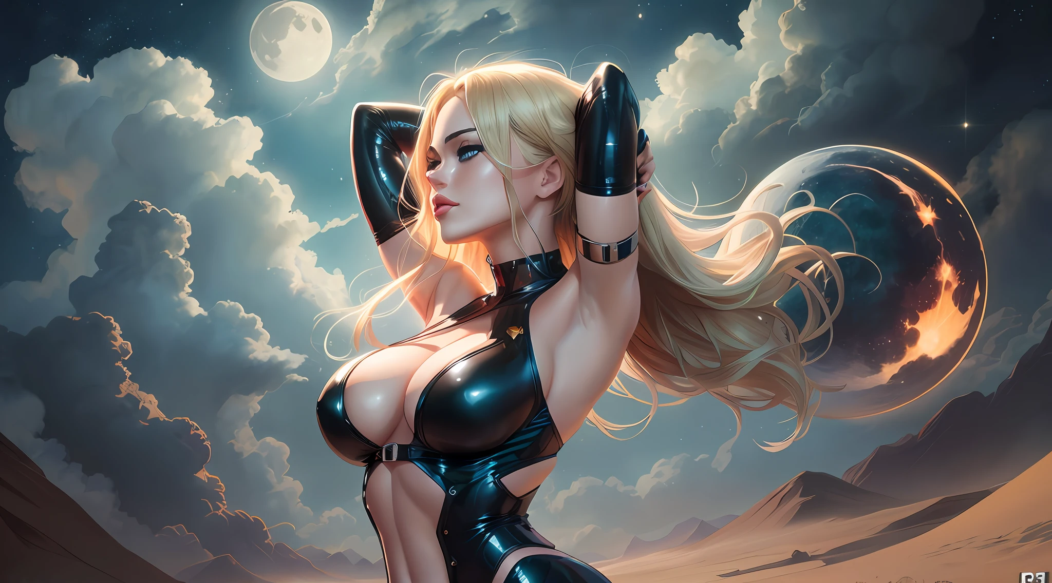 blond woman in latex posing in front of a moon, karol bak uhd, extremely detailed artgerm, artgerm on artstation pixiv, artgerm julie bell beeple, deviantart artstation cgscosiety, artgerm. anime illustration, style artgerm, artgerm style, ig model | artgerm