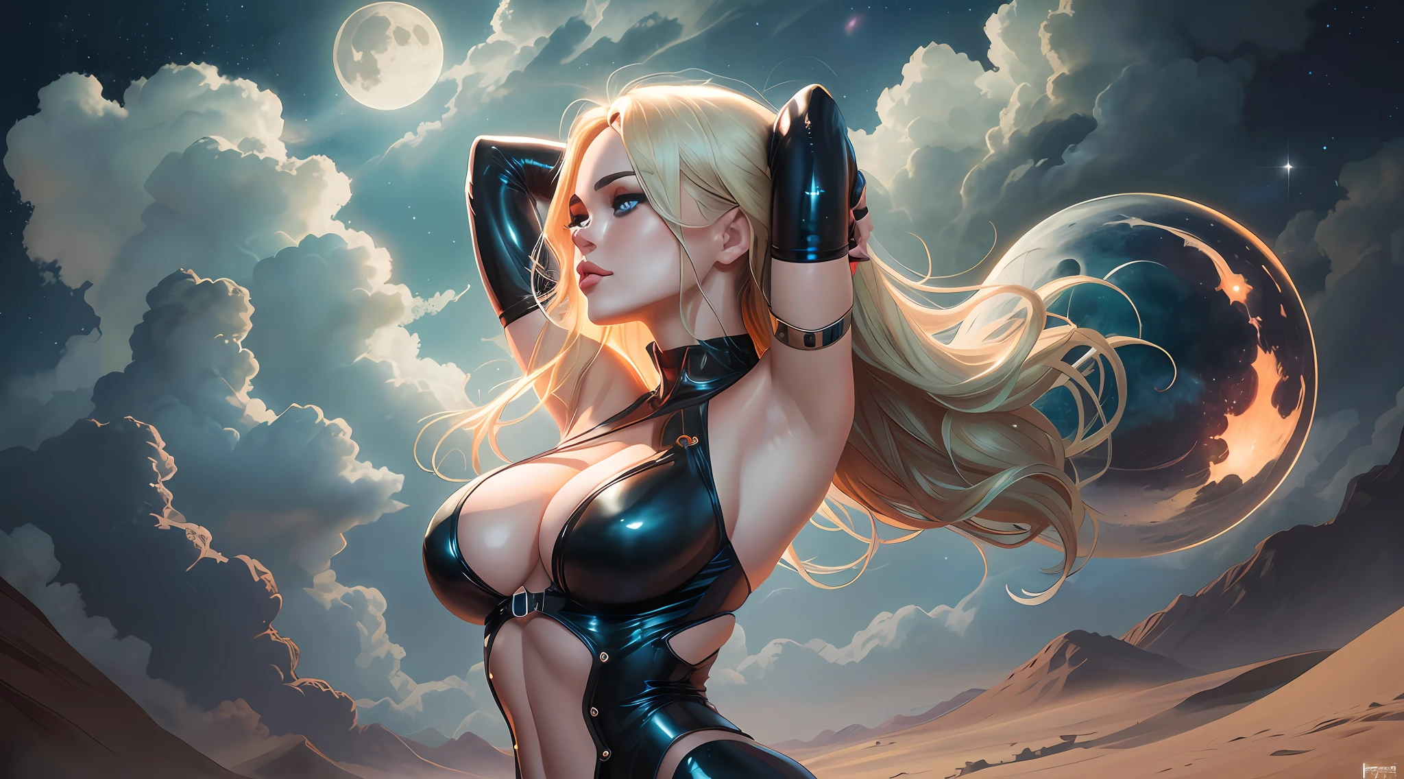 blond woman in latex posing in front of a moon, karol bak uhd, extremely detailed artgerm, artgerm on artstation pixiv, artgerm julie bell beeple, deviantart artstation cgscosiety, artgerm. anime illustration, style artgerm, artgerm style, ig model | artgerm