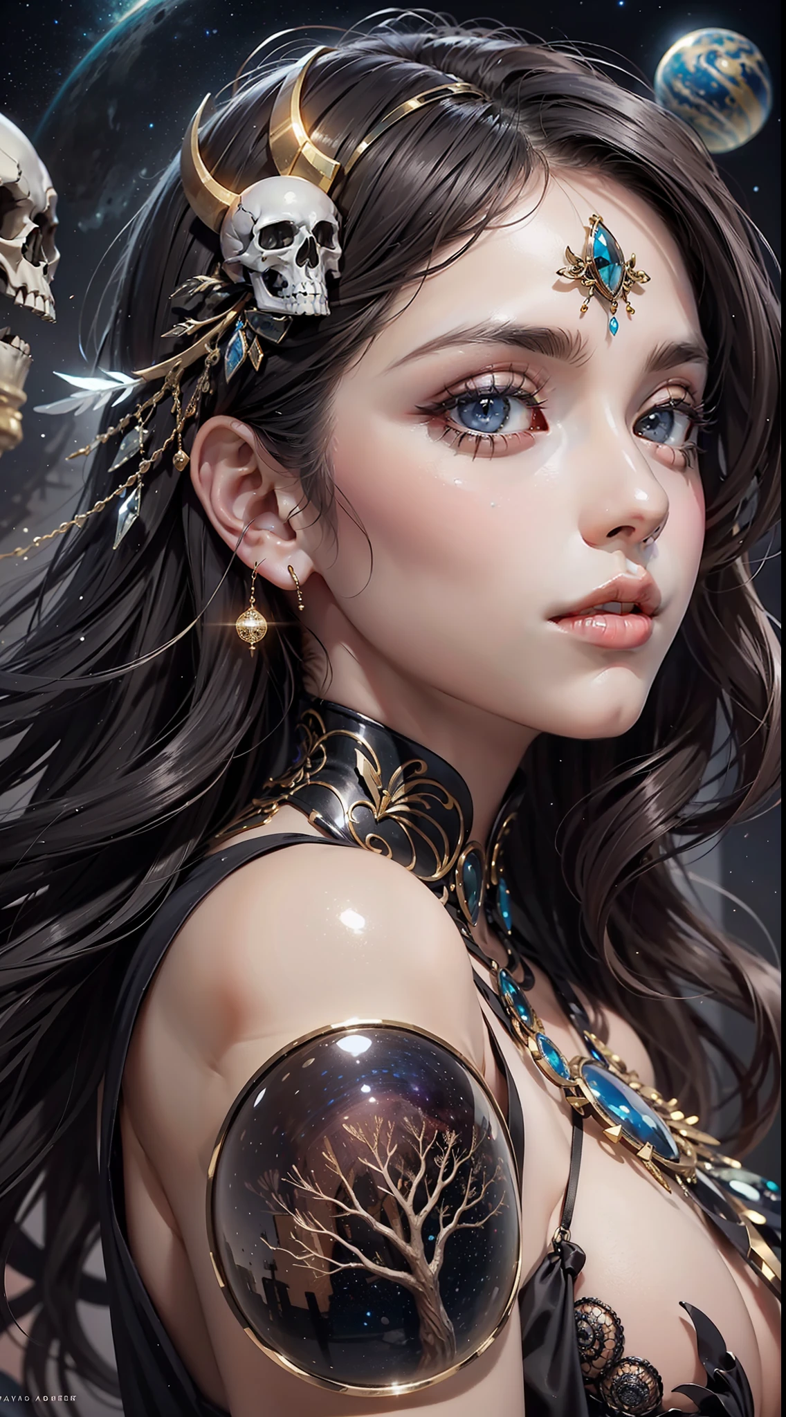 (Very detailed 8K wallpapers), medium shot ,(Drug style), (acidic very bright colors), The girl is the goddess of the abyss. Goddess, Beautiful, Like the night sky. Dark skin, Airy obsidian hair scattered in depth. Splashes of stars shine on the face with the destruction of facial features and skeleton. The planets surround the head of the skeleton with a halo. He wears a majestic obsidian dress. In her hands, she holds a magic sphere. Detailed art, cartoon, Old school, watercolor, Top Art Station, fantasy, intricate, elegant, Detailed, Digital Painting, Artstation, concept-art, mat, Clear Focus, illustration. very higаh resolution, masterpiece intricate, highly detailed, dramatic