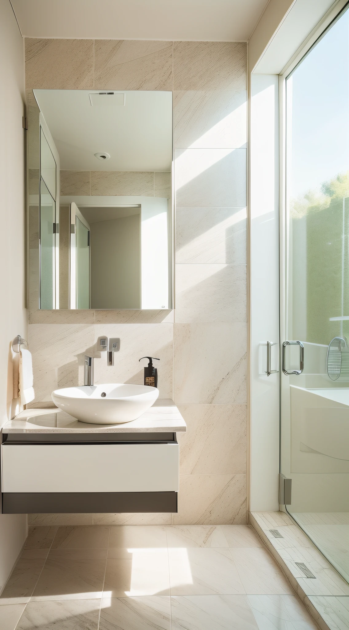 Cream style bathroom scene,Cream white solid color background,toilet,Wash countertop,Modern décor,Simple ground,Vista view,Minimalist background,Bright natural light,Bright and intense,The picture is bright,Medium view