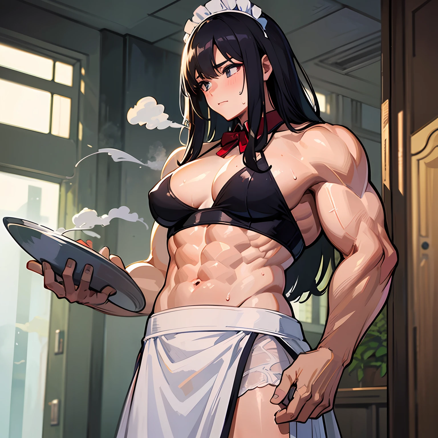 ((Masterpiece)), ((Best Quality)), ((Best Quality)), (Illustration of One Girl), Long Black Hair, Tall, (Muscular Strong Body), (Split Abs), (Muscular and Thick Arms), Body Stuffy with Sweat, Steam Drifting Around the Body, ((Maid Clothes)), Indoor