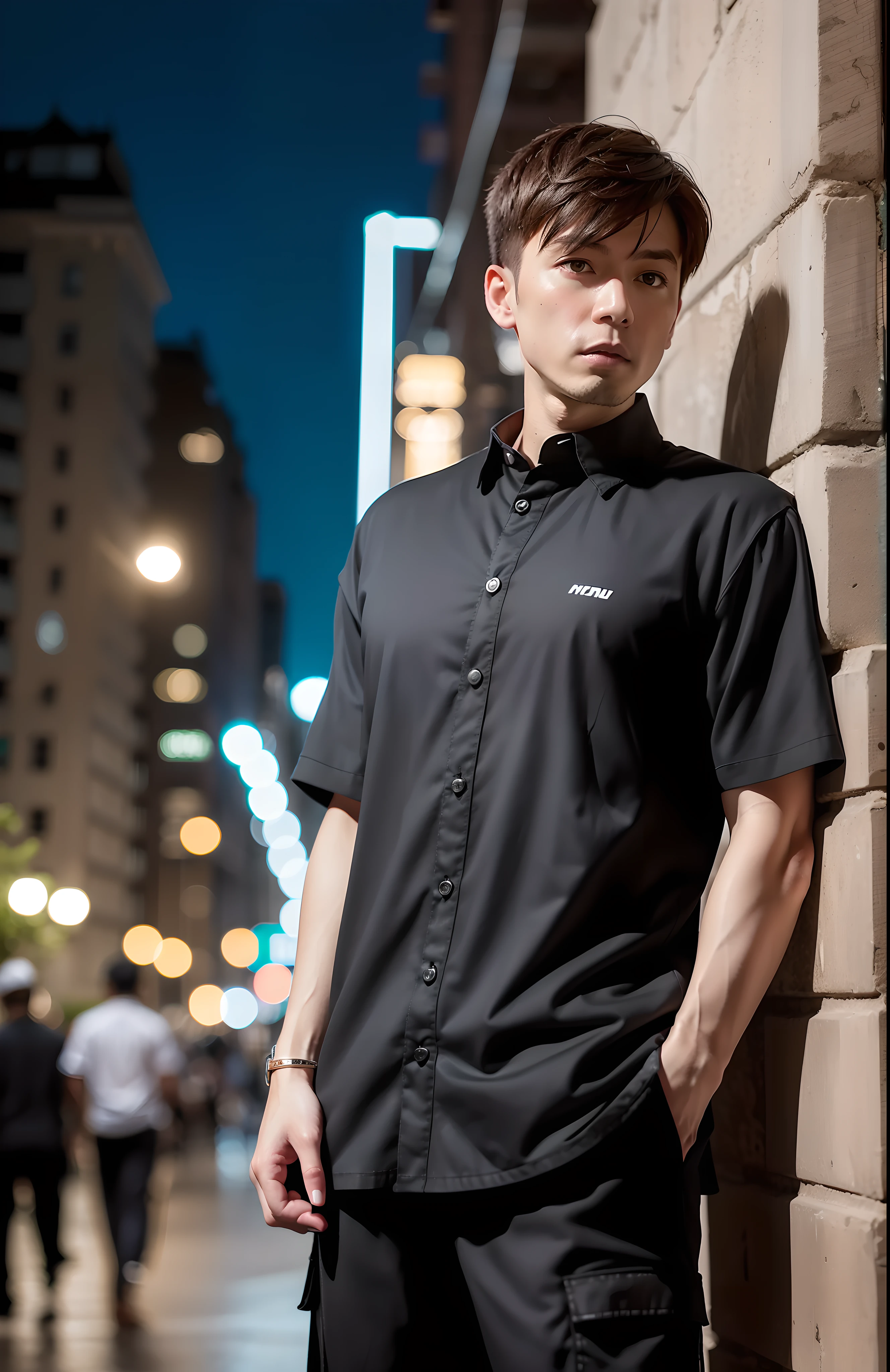 (photo realistic:1.1)、(blur:1.5)、(rcnz:1.3)、
masterpeace、(master masterpiece:1.3), absurdres, Hi-Res, Super detailed, (Cool man:1.5), (Loose black shirt and cargo pants:1.5),
Dark brown slightly peculiar but smooth hair、(sharp black eyes with appeal:1.3)、Beautiful skin、solo、Dynamic angles、smiling face、sex appeal、pheromone、handsome man、
Standing alone leaning against a wall in the downtown area at night lined with multi-tenant buildings、The figure feels a little lonely and melancholy.、It is very noticeable、It was eye-catching, And its appearance was full of charm that attracted women、