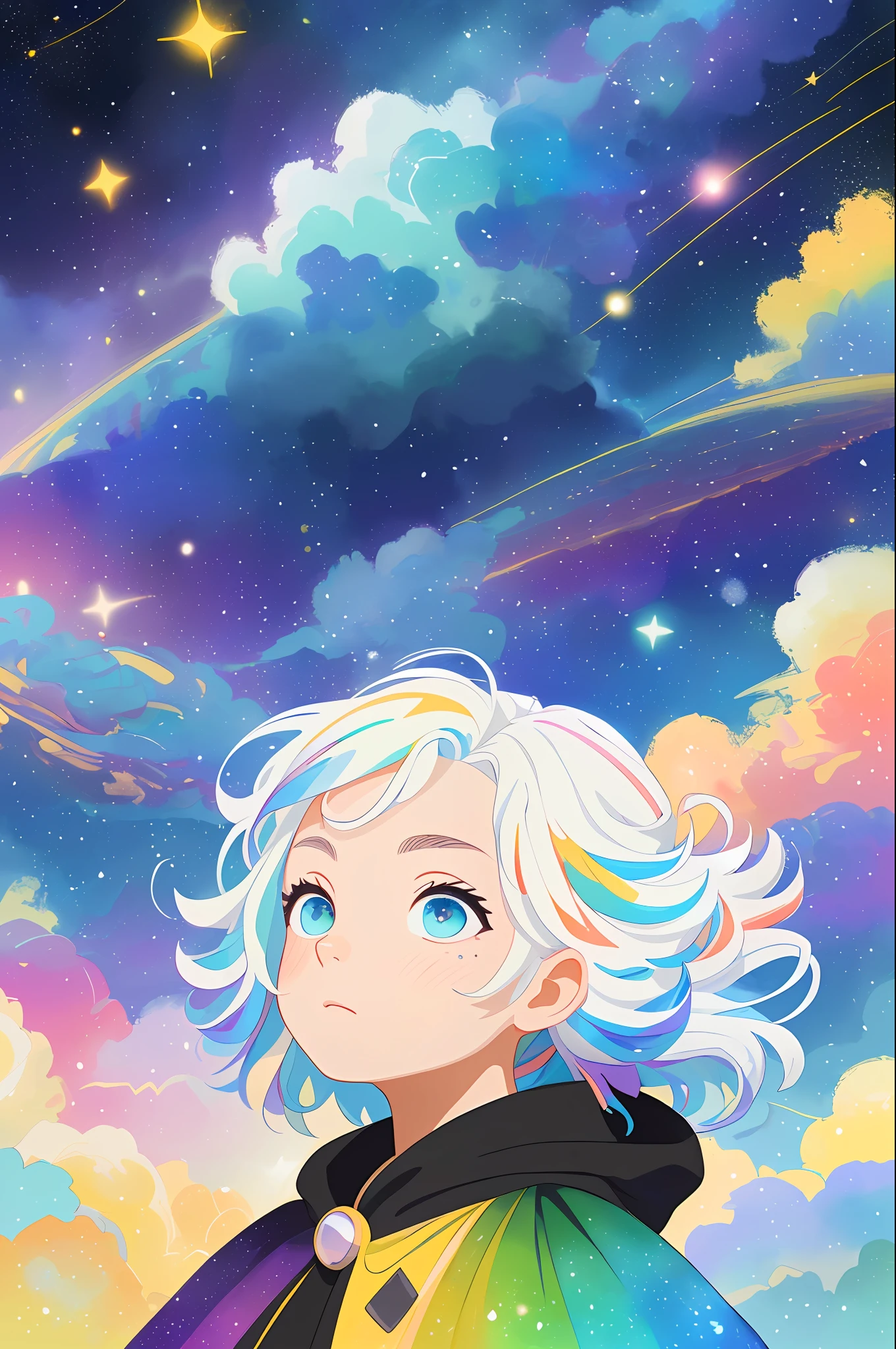 ((masterpiece)), (((best quality))), ((ultra-detailed)), ((illustration)),[realism light effect],shadow,(Fantasy style),(white background:1.6), simple background, (earth theme),(a cloak)[(hair focus,((1girl)),[(big slime hair): (cloud hair):0.3], (hair on background),(high saturation),(hair surrounded by galaxy splashes),)):((her hair is becoming galaxy clouds,:1.27628), (hair and clothes is galaxy clouds and cluster of stars:1.1025),(a cloak is becoming galaxy clouds)(colorful_galaxy_print_clusters_of_stars_print:1.35),((detailed starry sky with colorful galaxy and galaxy clouds):1.2)):0.35], (((masterpiece))),(((best quality))),((ultra-detailed)),(illustration),(dynamic angle),((floating)),(paint),((disheveled hair)),((beautiful detailed face)),collar,bare shoulders, ((colorful hair)),((streaked hair)),beautiful detailed eyes,(Gradient color eyes),(((colorful eyes))),(((colorful background))),(((high saturation))),(((surrounded by colorful splashes))),(((surrounded by colorful dot))),colorful bubble,((shining)),