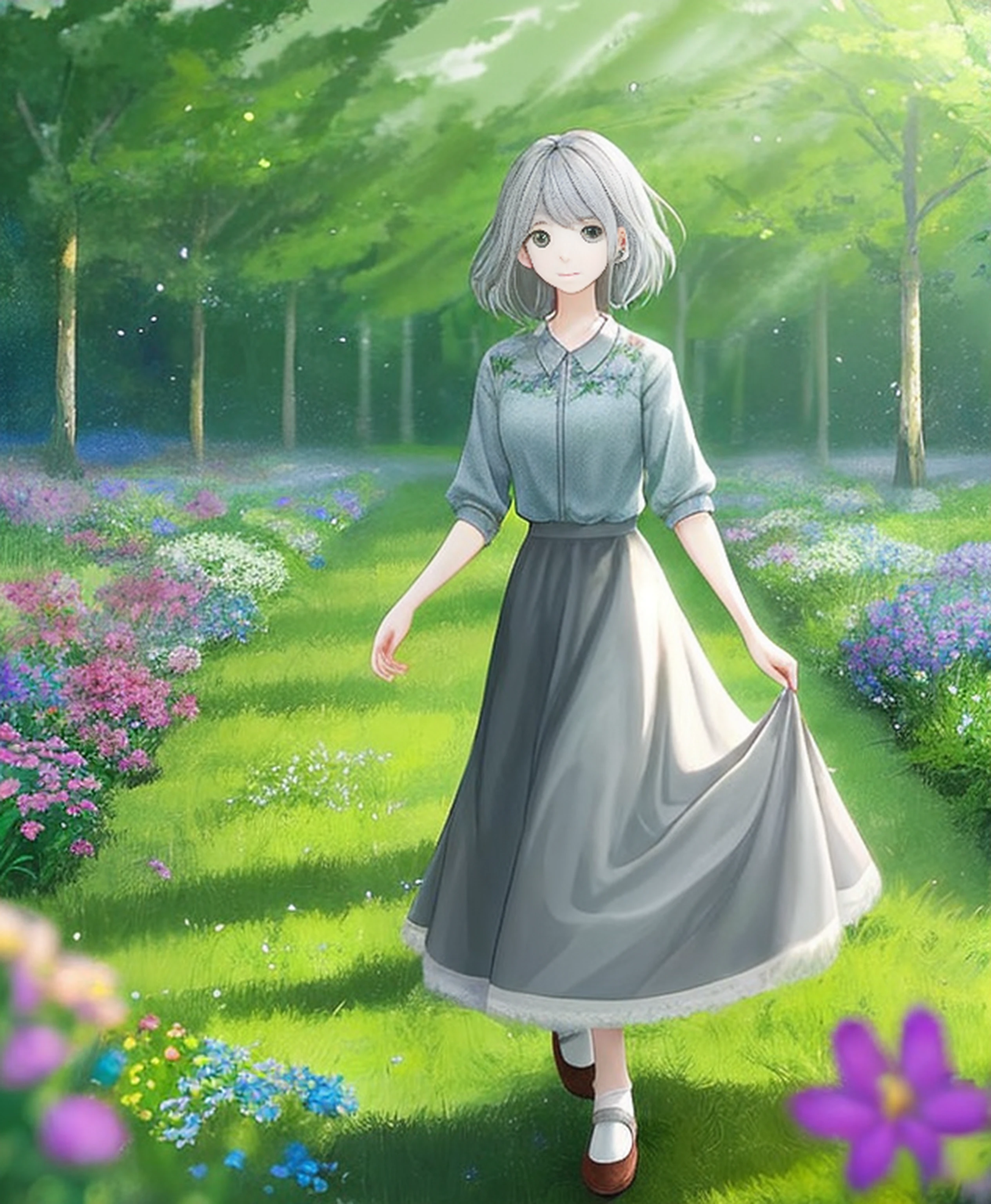 (shojo+grey hair),Surrounded by greenery and flowers,Warm and soft lighting,Long skirt on the ground,The field scenery is gently blurred。