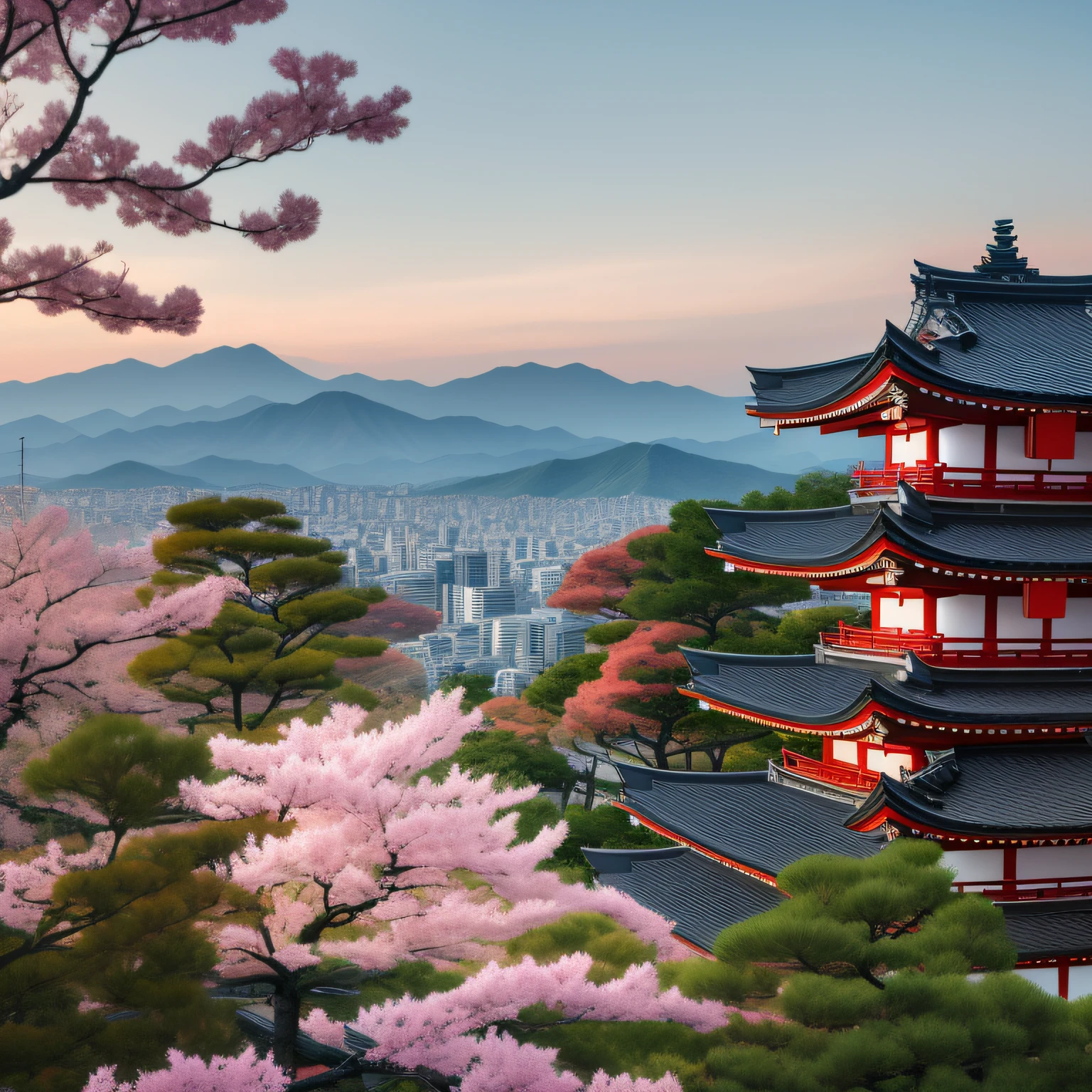 arafed view of a city with a pagoda in the distance, kyoto, kyoto japan setting, kyoto inspired, japanese city, by Torii Kiyomasu, edo japan, by Torii Kiyomasu II, like kyoto, cosmology of kyoto landscape, japanese town, inspired by Torii Kiyomasu, inspired by Torii Kiyomasu II,real,32k