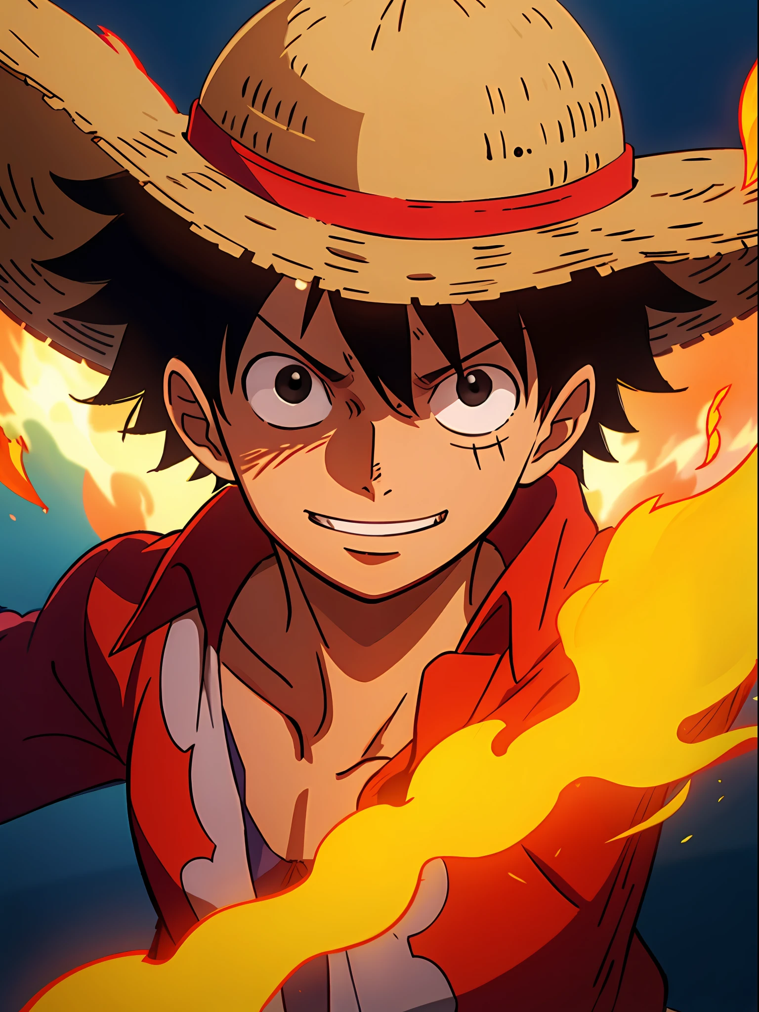 1boy, wanostyle, monkey d luffy, smiling, straw hat, looking at viewer, solo, upper body, ((masterpiece)), (best quality), (extremely detailed), depth of field, sketch, dark intense shadows, sharp focus, soft lighting, hdr, colorful, good composition, fire all around, spectacular, closed shirt, anime screencap, scar under eye, ready to fight, black eyes