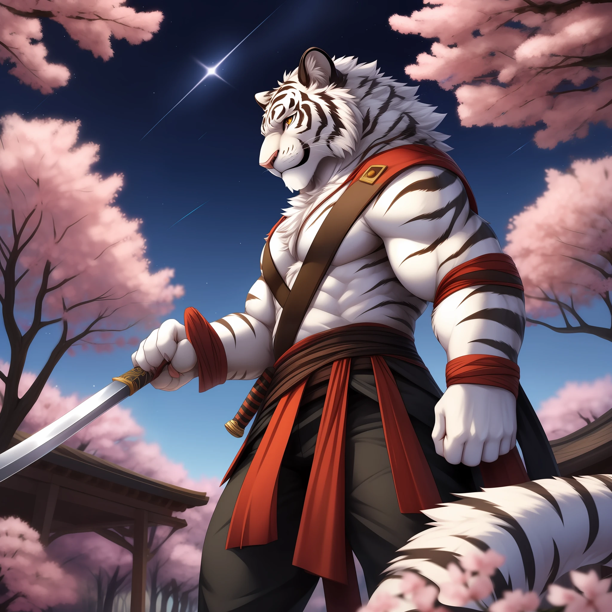 furry，White Tiger，katana，muscluar，Cherry blossom trees，starry