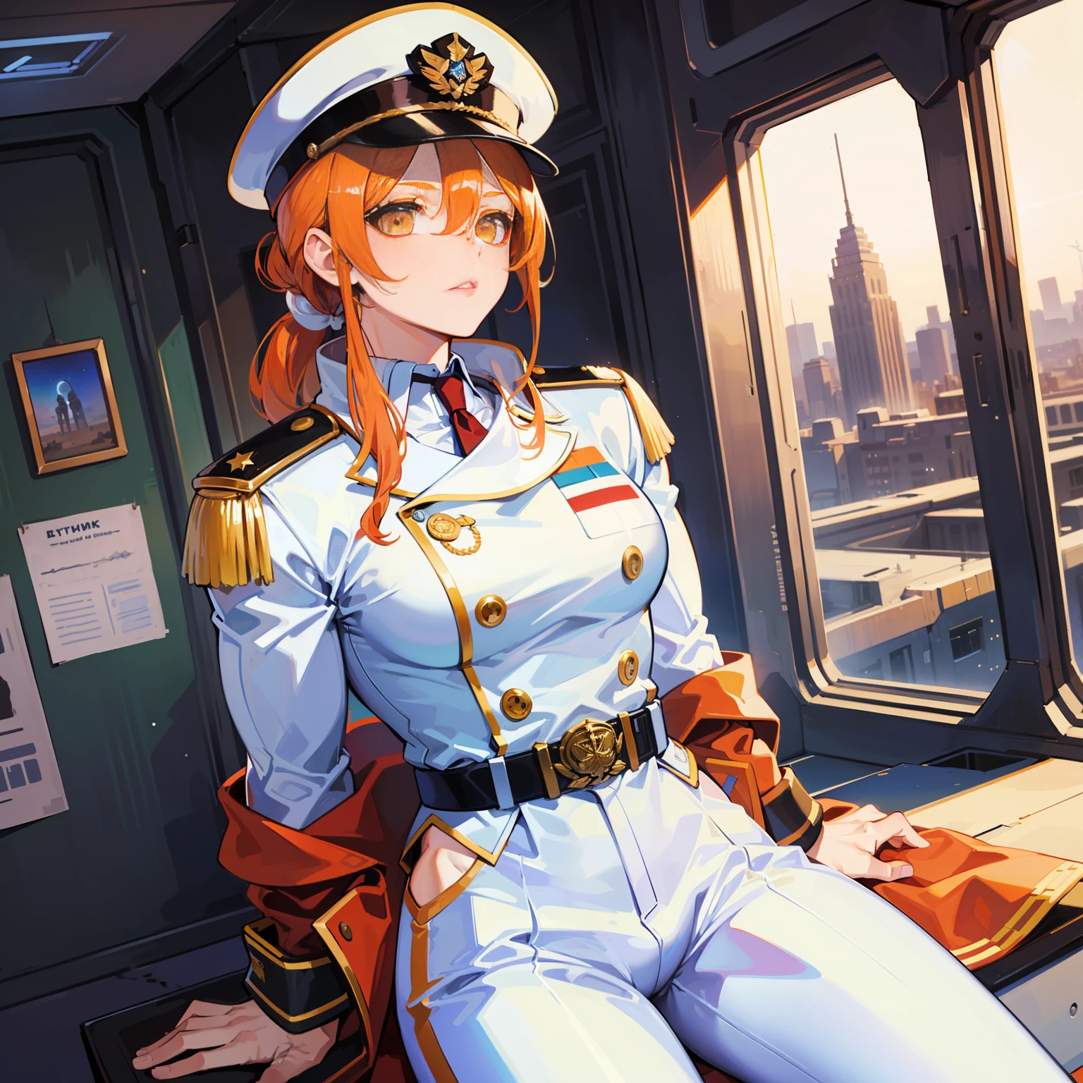 ((Masterpiece)), ((Highest Image Quality)), ((Best Quality)), (Illustration of One Girl), Full Body, 25 Years Old, ((Freckles)), Orange Hair Ponytail, Yellow Eyes, (Tall)), Big, ((((Muscular Strong Body)), ((Muscular Strong Body)), (Military Uniform)), (Military Hat)), ((Military Coat)), (White Clothes), (White Pants), (White Hat), Trench Coat, ((Inside the spacecraft)), (outside the window, space, Earth seen from space, spaceport)