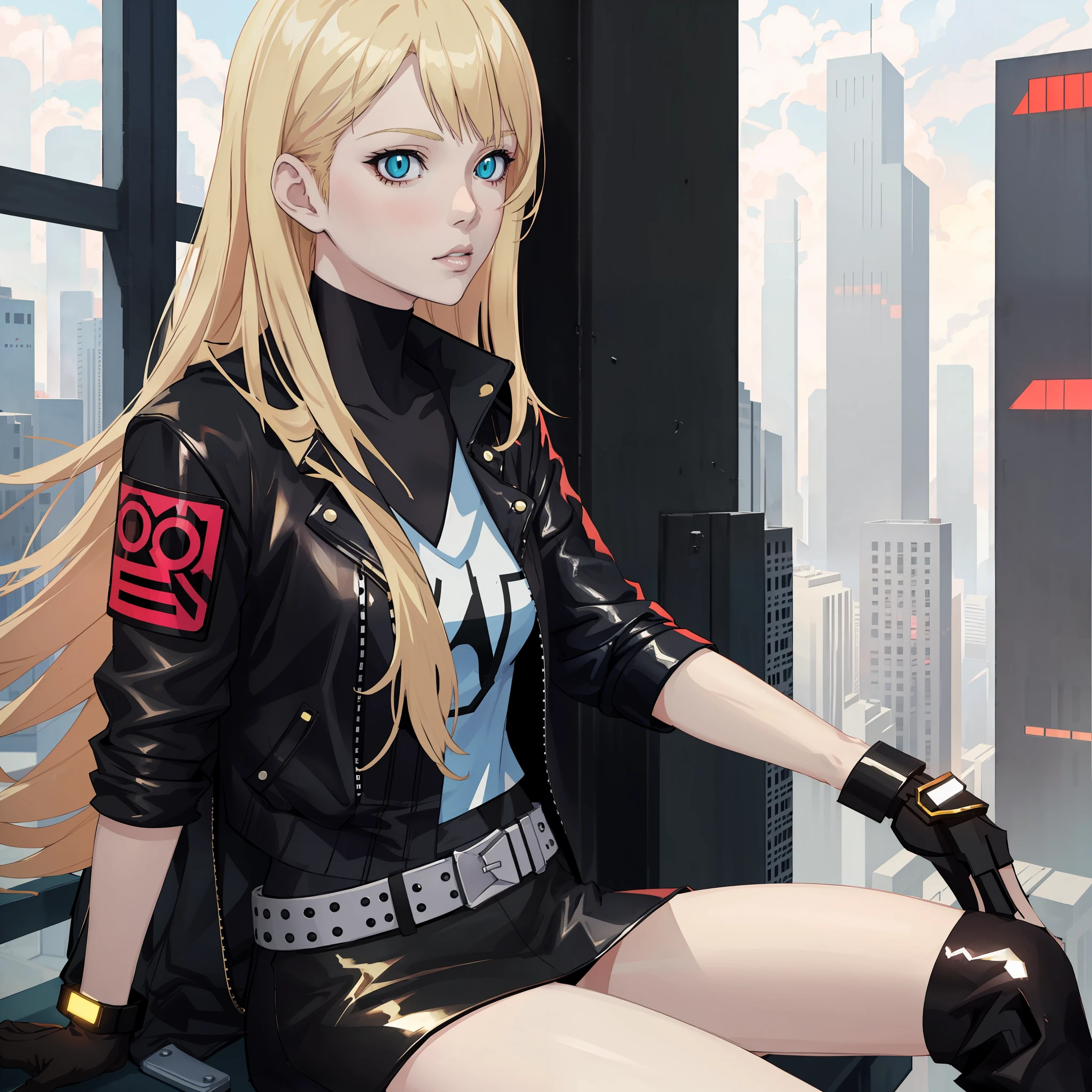 blond haired woman in leather outfit sitting on ledge with city in background, Seductive anime girl, cyberpunk anime girl, female cyberpunk anime girl, digital cyberpunk anime art, blonde anime girl with long hair, Smooth Anime CG Art, ig model | artgerm, advanced digital anime art, digital anime art, realistic anime artstyle, Detailed Digital Anime Art
