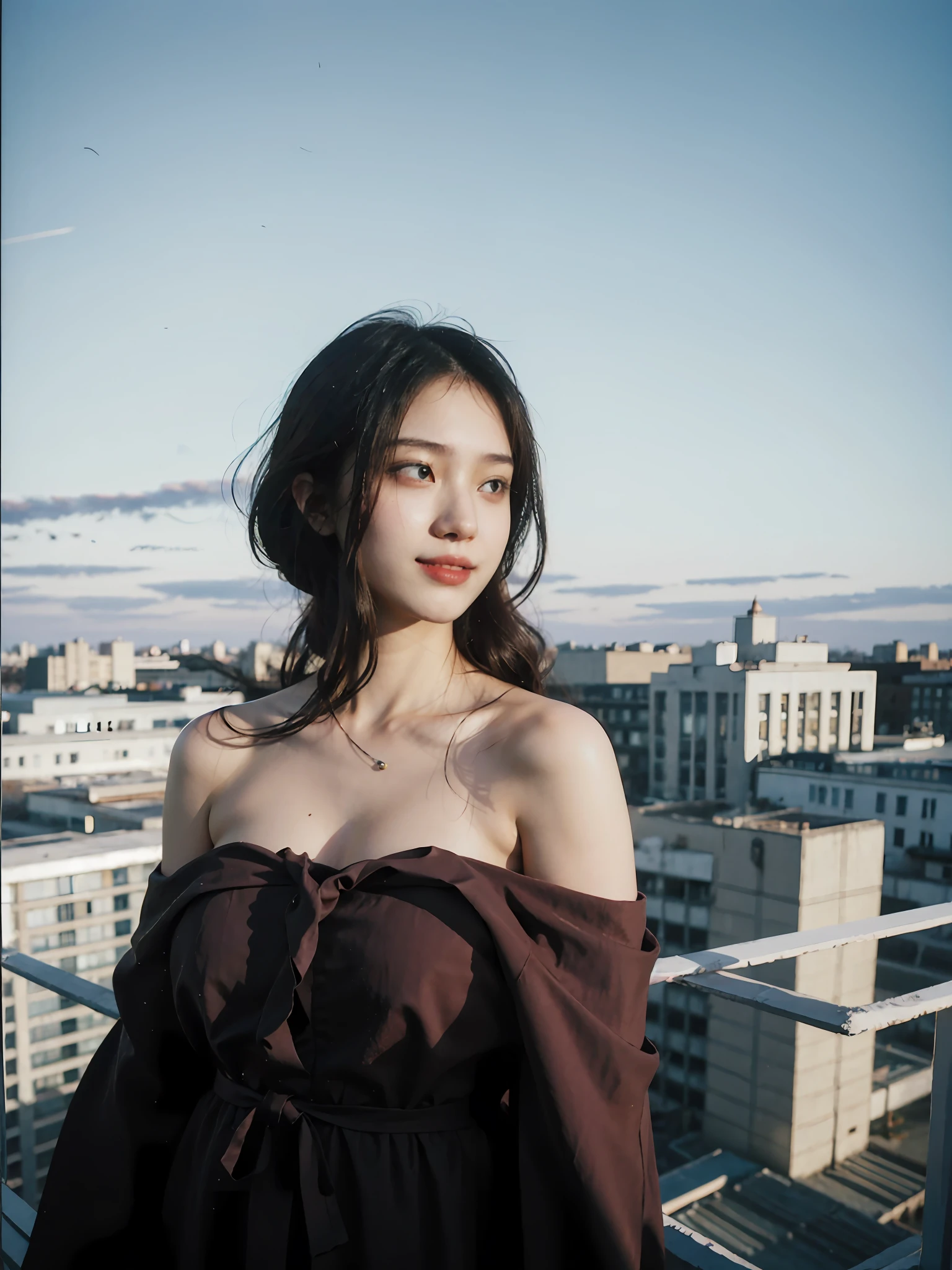 Best quality, masterpiece, ultra high res, raw photo, beautiful and aesthetic,deep shadow, dark theme,(photorealistic:1.4), (1girl, smile, off shoulders), slim body, fit, cowboyshot, ((film grain):1.2, (35mm film)), outdoors, (rooftop),