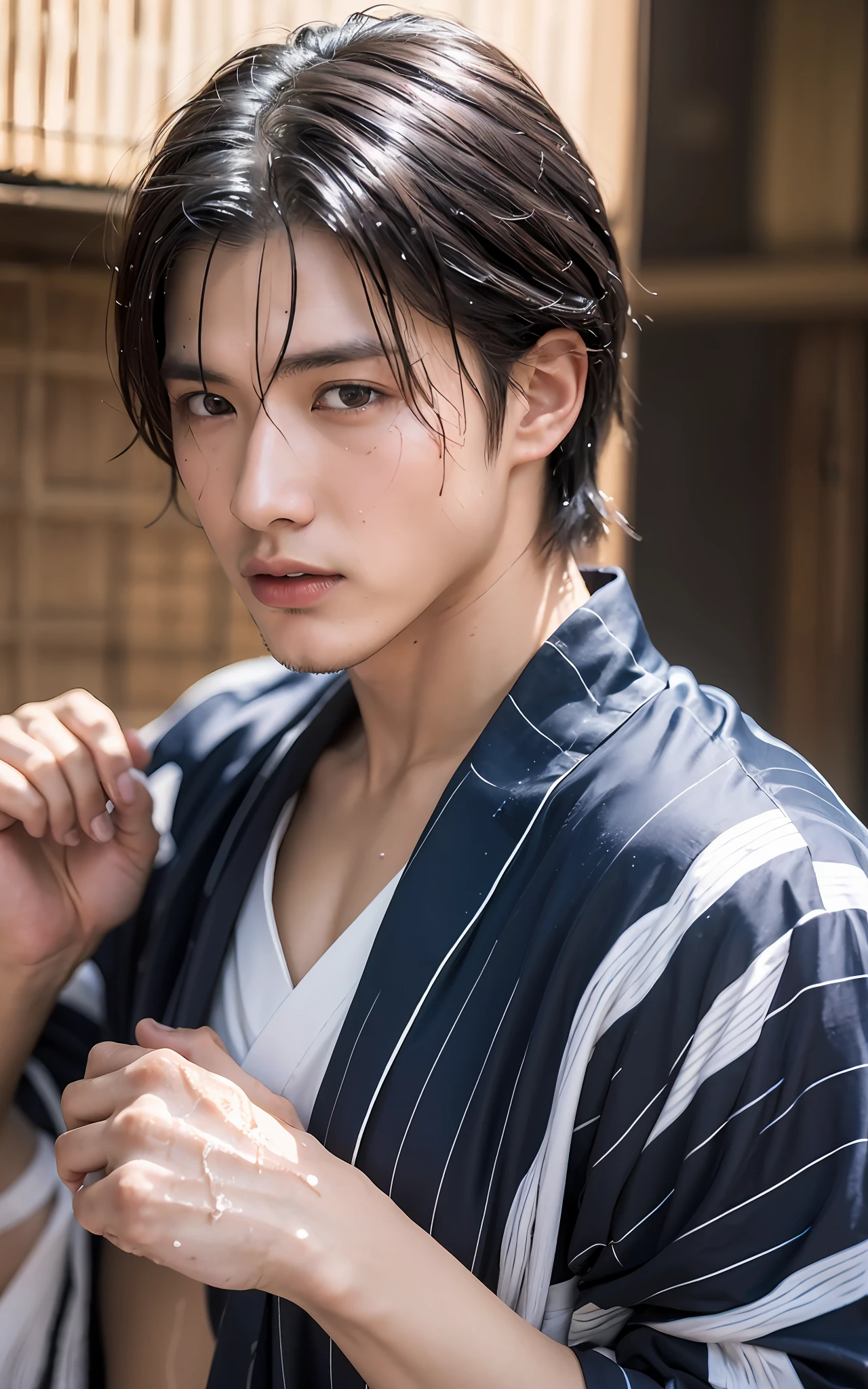 (photo-realistic:1.2、bestquality、8k、Wet)、(man、serve)、The man is a 20-year-old black-haired Ukrainian、Soji Okita、actor、White yukata、muscle、(sweat:1.2)、knife、(Film Lighting、Beard)、tanned、Soft light、double eyelidwork、(Seductive)、((aroused))