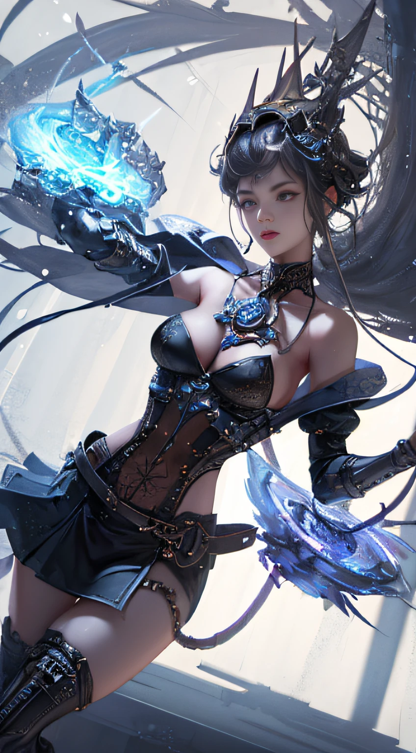 ((Best Quality)), ((Masterpiece)), (Details:1.4), 3D, Dynamic action poses for battle scenes, Very complex and large fighter-like mechanical weapon, Wings with jet engines, Android Mage Girl, Mechanical Body, Countless glowing large spheres spinning around, Lots of sparks crossing and splashing, Mechanical bodies,  off-the-shoulder fashion that fuses detailed and intricate steampunk and detailed gothic lolita, poses that invoke magic, large spheres of light spinning and flying, countless neon lights pouring down from the heavens, very thin long legs, over-the-knee mechanical boots, intricate steampunk headgear, fluttering lace flared miniskirt, upturned and beautiful small breasts, clean long silver hair, Long vertical curly hair, wind driven, burning futuristic complex steampunk factory background, cinematic lighting, HDR (High Dynamic Range), ray tracing, NVIDIA RTX, super resolution, Unreal 5, subsurface scattering, PBR texturing, post-processing, anisotropic filtering, depth of field, maximum clarity and sharpness, Multi-layer textures, albedo and specular maps, surface shading, accurate simulation light material interaction, perfect proportions, octane rendering, two-tone lighting, wide aperture, low ISO, white balance, rule of thirds, 16K RAW,