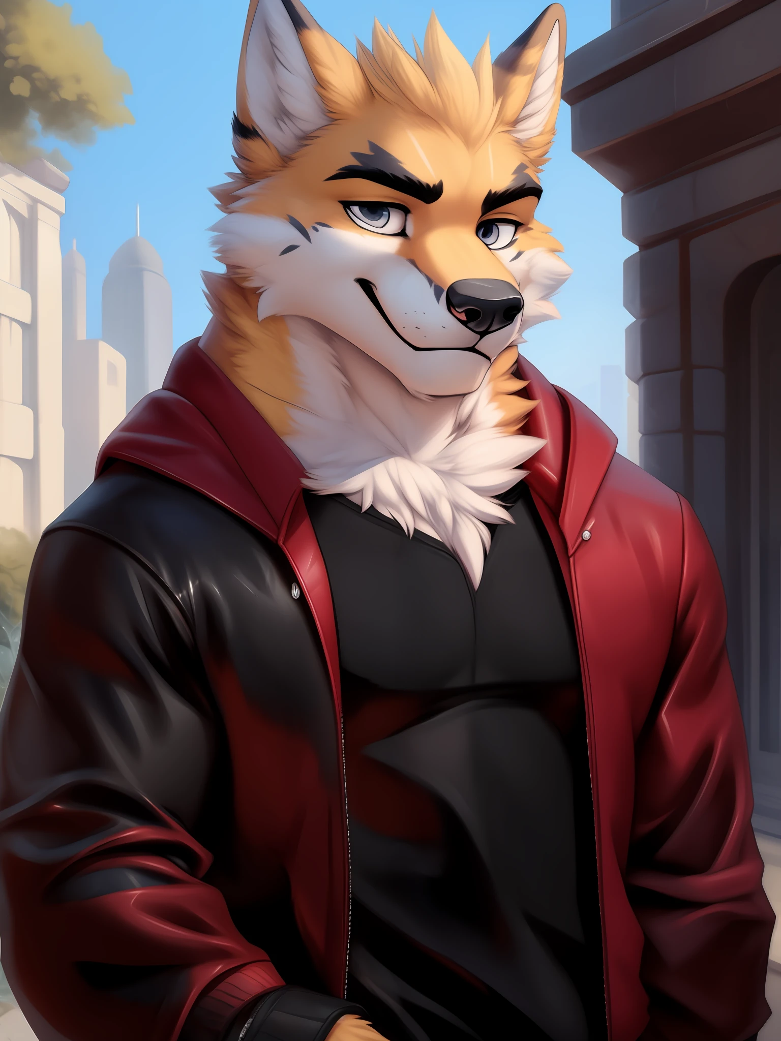 a close up of a person wearing a red jacket and a black shirt，furry character portrait，commission for high res，fursona furry art commission，anthro portrait，very very beautiful furry art，pov furry art，furry fursona，furry character，portrait of an anthro fox，handsome weasel fursona portrait，furry art，fursona commission。