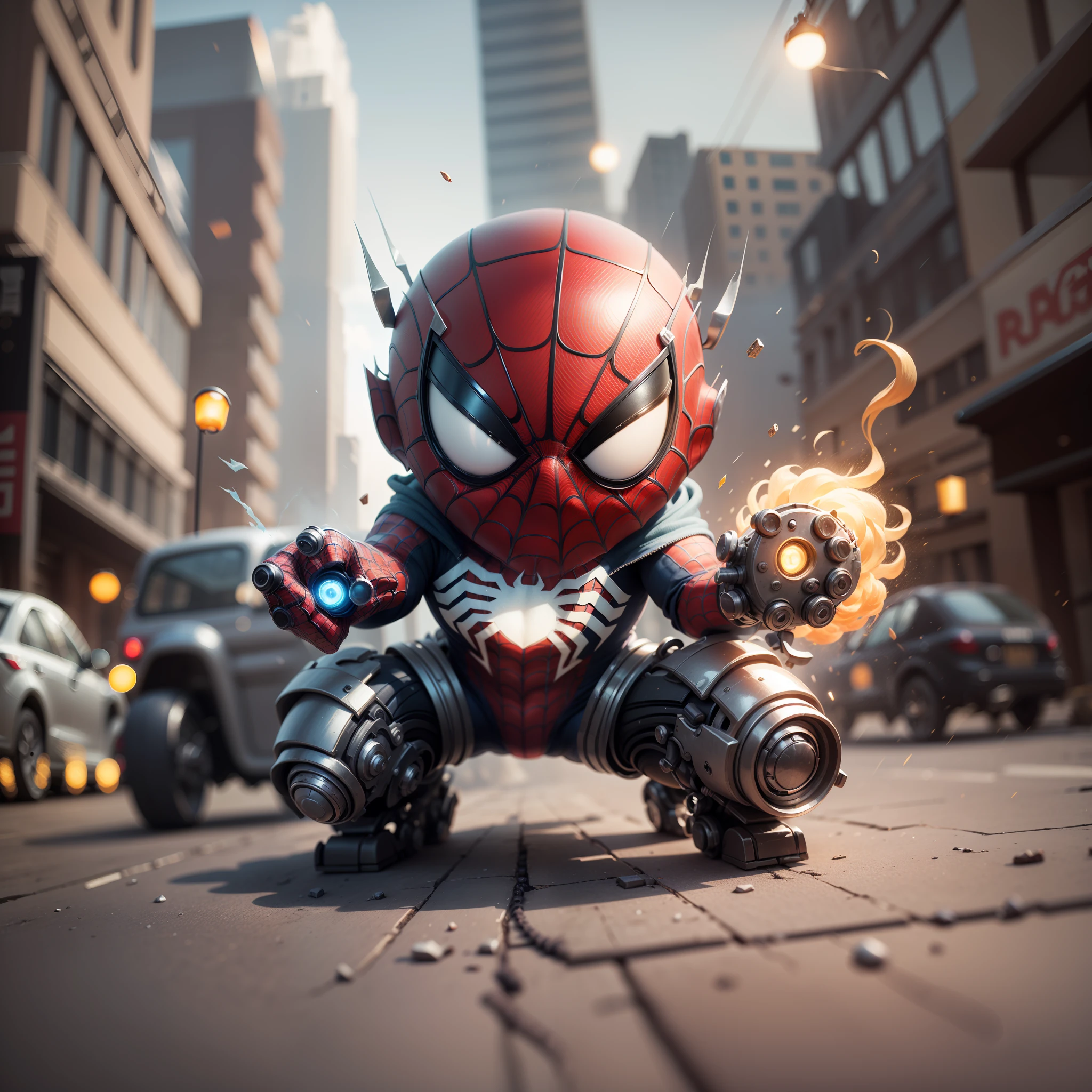 (Mechanical, Spider-Man: 1.331), (Mechanical) Cute Style, Small, Lava Jet, 3D Rendering, ((Q Version)), Machine Style, Movie Textures, Characters, Movie Lights, Heavy Robotic Arm, Background Around Lightning, Lightning, Cool, War Background, Ray Tracing, Full Body 3D Model, Action, Fashion Blind Box Toys. (Filler: 1.2) Chibi