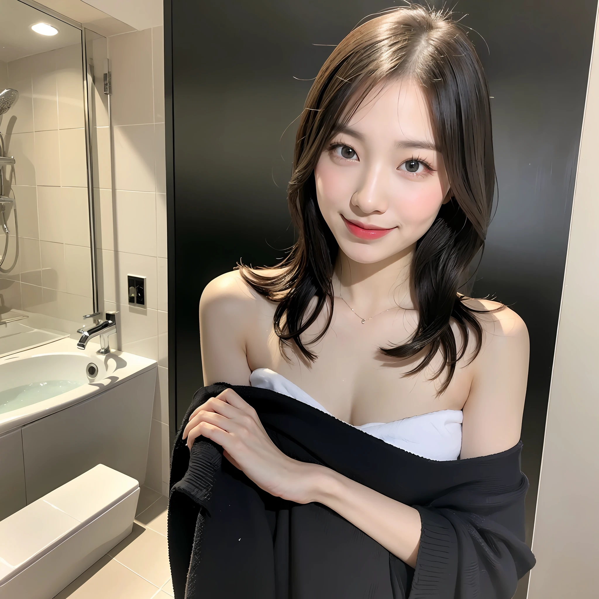 (Best Masterpiece)), ((Best Quality)), ((Real)), ((8k)), 1 Girl, Bath Towel,Wrap around body, Japan person, 24 years old, super beautiful, cute, model, full body, slender, model, ultra luxury hotel, sony slr photography, blonde, long hair, short hair, look at camera,smile, background realistic, bath, washbasin, europe, art, photography,