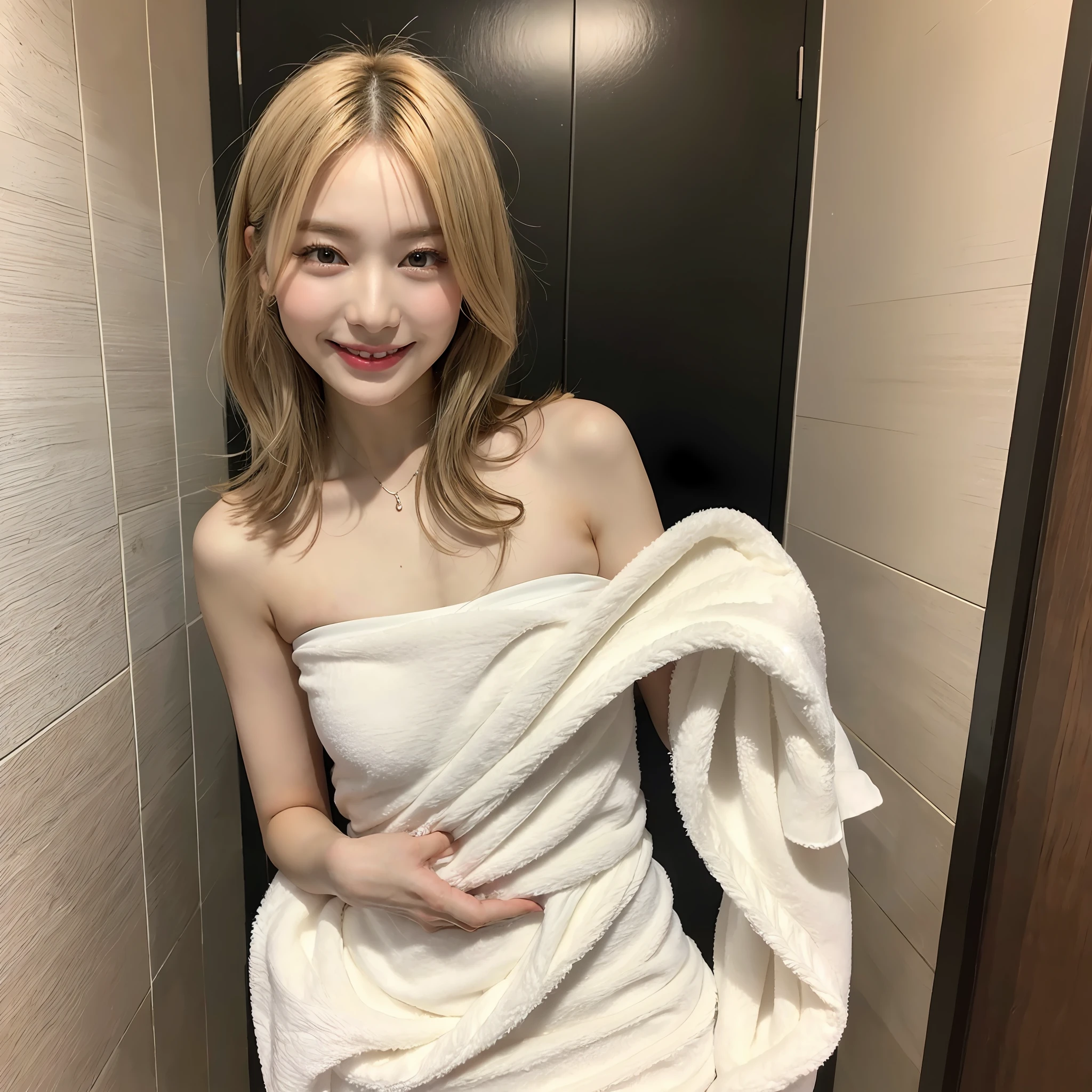 (Best Masterpiece)), ((Best Quality)), ((Real)), ((8k)), 1 Girl, Bath Towel,Wrap around body, Japan person, 24 years old, super beautiful, cute, model, full body, slender, model, ultra luxury hotel, sony slr photography, blonde, long hair, short hair, look at camera,smile, background realistic, bath, washbasin, europe, art, photography,
