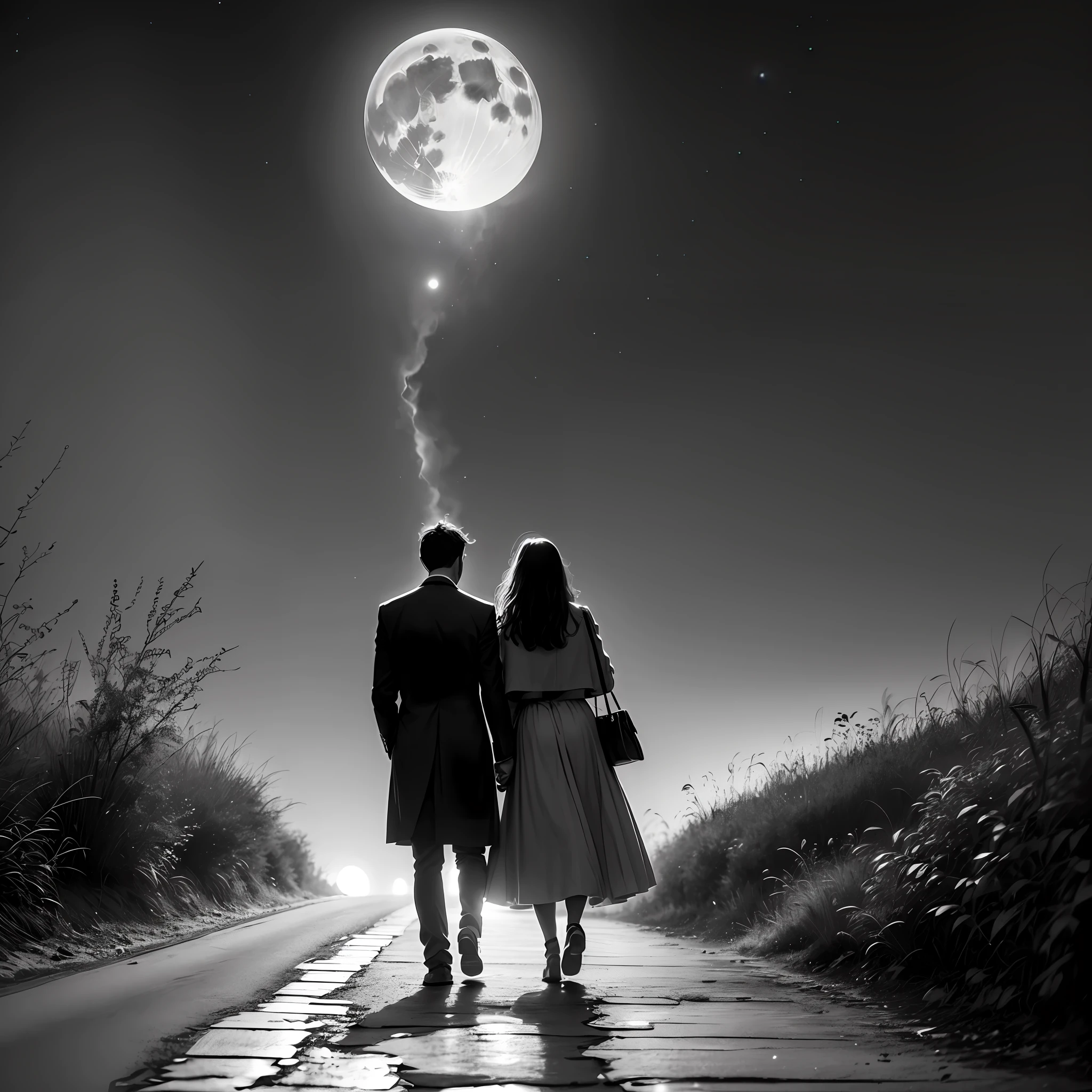 A couple embracing and walking on a narrow road over the moonlight theme dark black and white road ending at the horizon, parque --auto