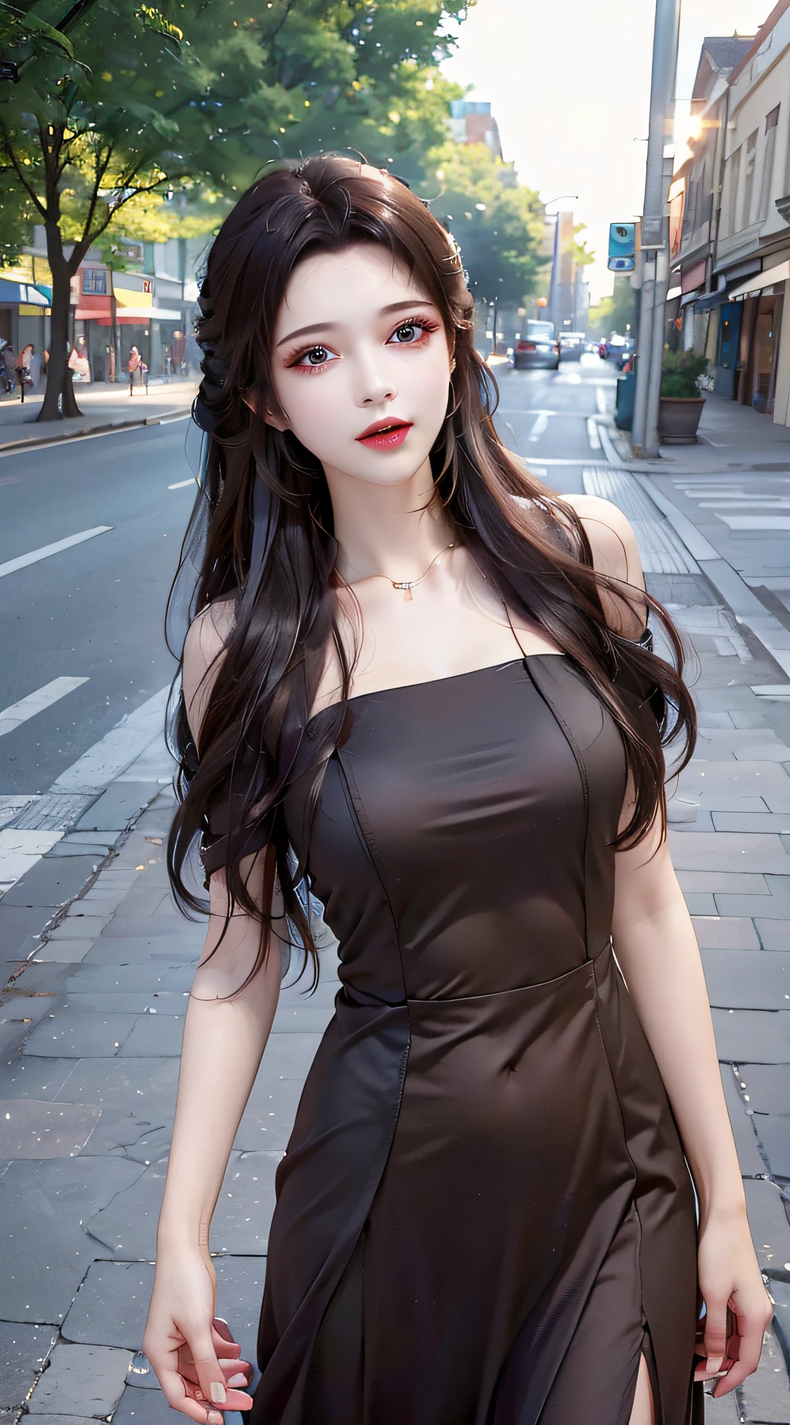 ((Best quality, 8k, Masterpiece :1.3)), 1girl, smiling, full body, slim face, Pretty woman, (Dark brown hair), full length dress :1.1, Ultra-detailed face, Detailed eyes, Double eyelid, blur background, slim face, city, outside, street,