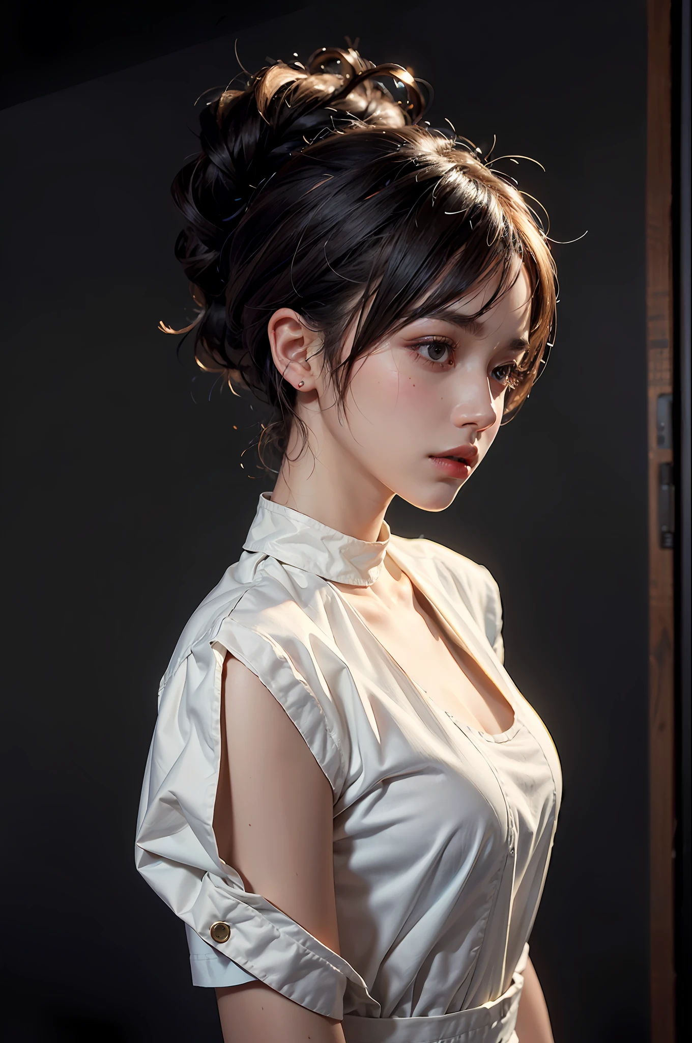 a 25 yo woman,(hi-top fade:1.3),long hair,dark theme, soothing tones, muted colors, high contrast, (natural skin texture, hyperrealism, soft light, sharp), purched lips, hands behind, looking down, medium bust