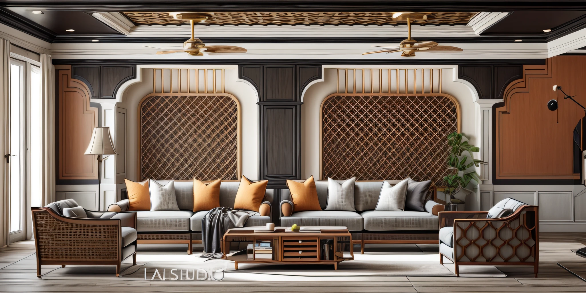 (indochina design LIVINGROOM:1.3), (photo realistic:1.2), (supper detail:1.2),1bed, 1 chair(black:white:0.2), classical black indochina style pattern for the wall, 1 classic altar, 2 indochina chair, indochina style of cabinet, orange wall, indoor, (blackken wood :.1), indochina panel door indoor, (The ceiling is made from woven rattan sheets and lintels), daylight, Unreal Engineer 8K, full HD 8K