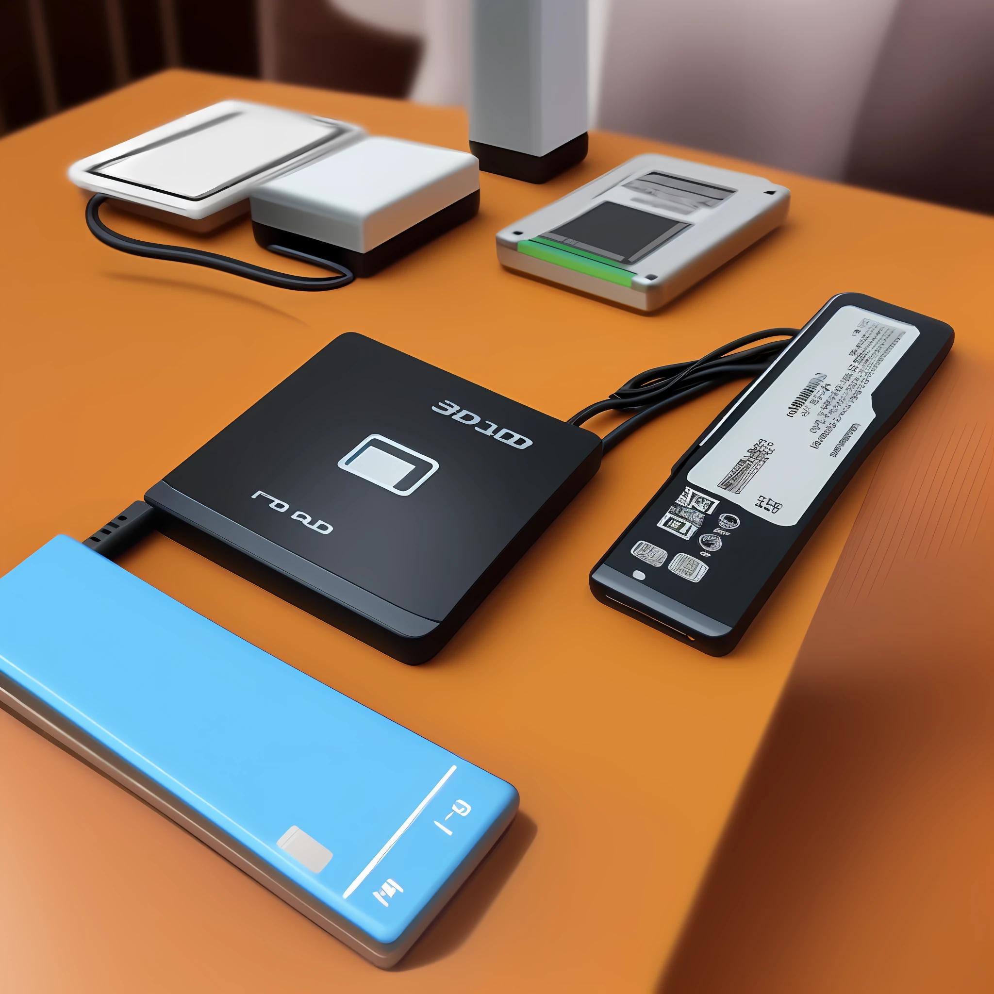 A portable hard drive on a table，A little decoration on the table，Give this portable hard drive a close-up，Overall bright style。