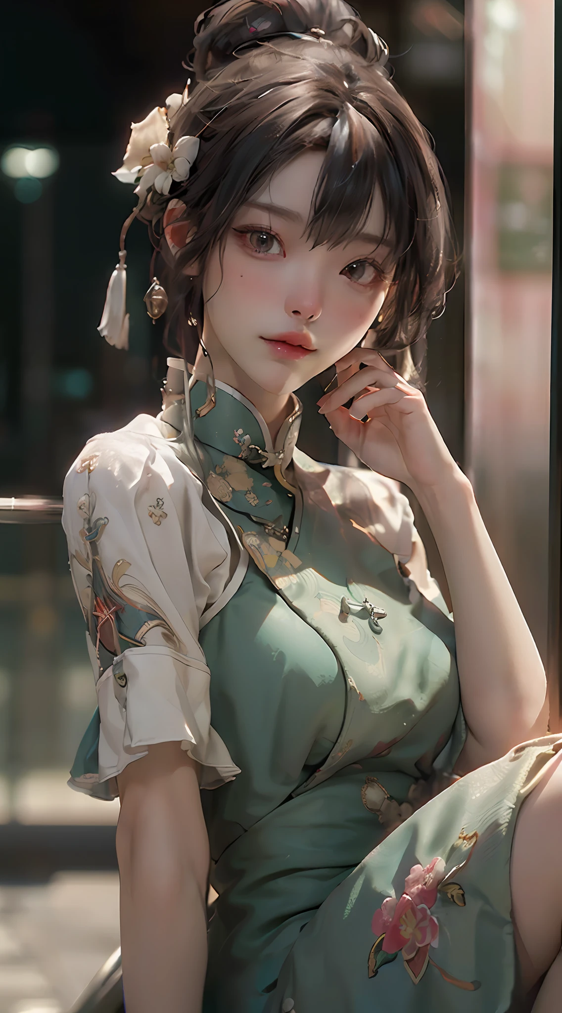 (Best Quality), ((Masterpiece), (Detail: 1.4), 3D, A Beautiful Chinese Female Image, HDR (High Dynamic Range), Ray Tracing, NVIDIA RTX, Super-Resolution, Unreal 5, Subsurface Scattering, PBR Texture, Post-Processing, Anisotropic Filtering, Depth of Field, Maximum Sharpness and Clarity, Multi-layer Texture, Albedo and Highlight Mapping, Surface Shading, Accurate Simulation of Light-Material Interactions, Perfect Proportions, Octane Render, Bicolor Light, Large Aperture, Low ISO, White Balance, Rule of Thirds, 8K RAW,