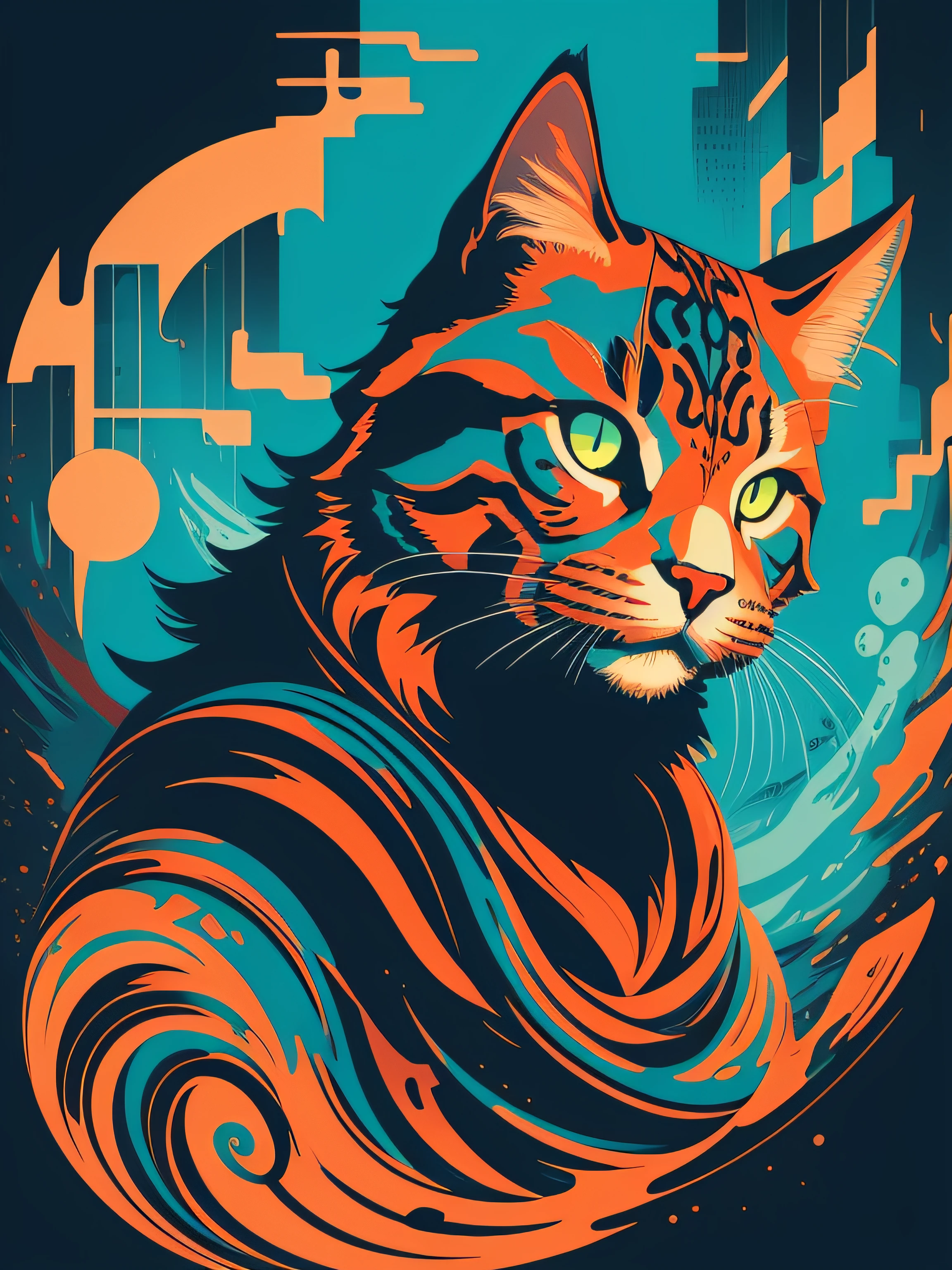 [Cat] heraldic silhouette, logo mask style illustration, Dan Mumford, Greg Rutkowski, James Jean, black background, fantasy art, mystery, reality, majestic, rich and vivid colors, high contrast, seamless water branding, artstation, deviantart, dribbling, red bubble, teepublic, sharp focus, simple, ultra-detailed, detailed drawing, vectorization, silhouette, isometric style, 8k.