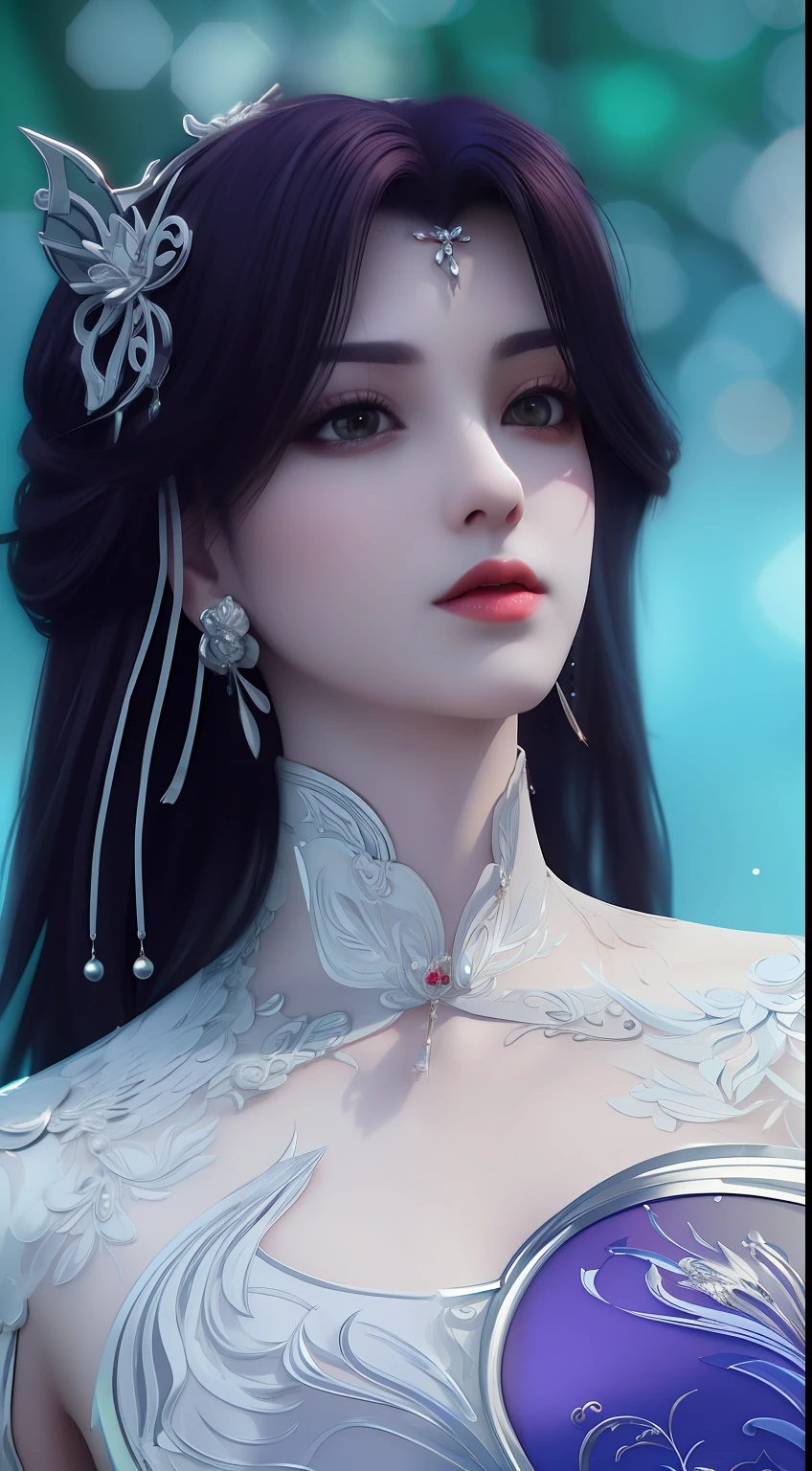 vampire, best quality, masterpiece, higirl, Chinese dress, red hair, hair accessory, necklace, jewelry, pretty face, upon_body, tyndall effect, photo realism, shadow studio, edge lighting, two-tone lighting, (HD detail skin: 1.2), 8k, dslr, soft lighting, high quality, volumetric lighting, candid, high resolution, 4k, 8k, bokeh, full body
