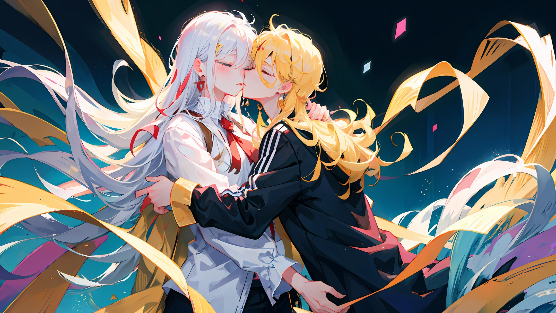 blonde hair, ((2boys)), jewelry, yaoi, multiple boys, male focus, ((long hair)), earrings, blush, white hair, yellow eyes, closed eyes, bishounen, one eye closed, shirt, parted lips, long sleeves, hair between eyes, imminent kiss, hug