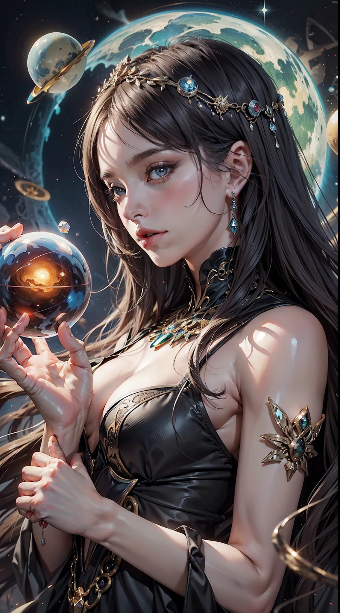 (Very detailed 8K wallpapers), medium shot ,(Drug style), (acidic very bright colors), The girl is the goddess of the abyss. Goddess, Beautiful, Like the night sky. Dark skin, Airy obsidian hair scattered in depth. Splashes of stars shine on the face with the destruction of facial features and skeleton. The planets surround the head of the skeleton with a halo. He wears a majestic obsidian dress. In her hands, she holds a magic sphere. Detailed art, cartoon, Old school, watercolor, Top Art Station, fantasy, intricate, elegant, Detailed, Digital Painting, Artstation, concept-art, mat, Clear Focus, illustration. very higаh resolution, masterpiece intricate, highly detailed, dramatic