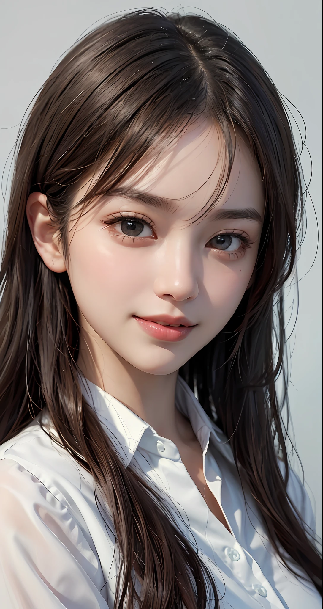 Masterpiece, 1 Beautiful Girl, Detailed, Swollen Eyes, Top Quality, Ultra High Resolution, (Reality: 1.4), Original Photo, 1Girl, Cinematic Lighting, Smiling, Japanese, Asian Beauty, Korean, Clean, Super Beautiful, Little Young Face, Beautiful Skin, Slender, Cyberpunk Background, (ultra realistic), (high resolution), (8K), (very detailed), (best illustration), (beautifully detailed eyes), (super detailed), (wallpaper), (detailed face), viewer looking, fine detail, detailed face, pureerosfaceace_v1, smiling, 46 point slanted bangs, looking straight ahead, neat (fashionable, plain, folded collar, irregular, shirt feeling, date dress), body facing front, realistic photo,