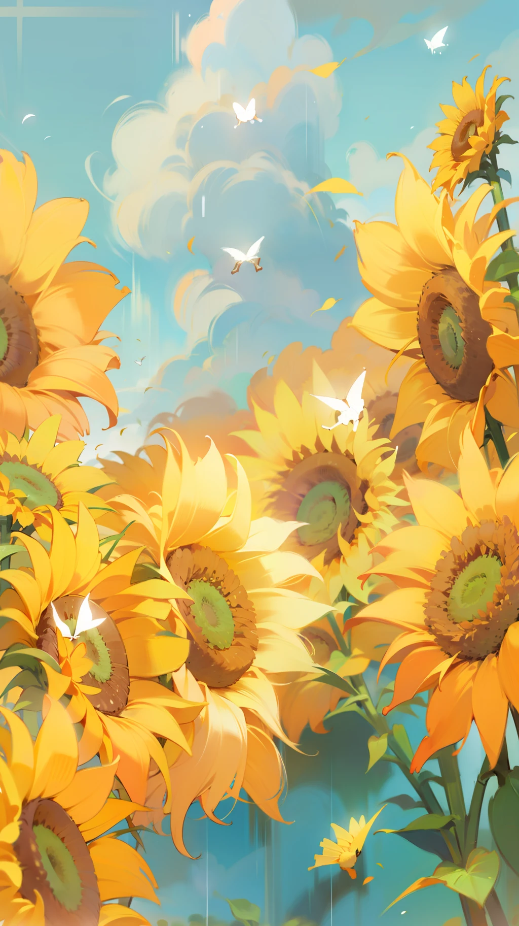 Ultra clear, super detailed, colorful, sunflowers, flying butterflies, clouds, sunlight