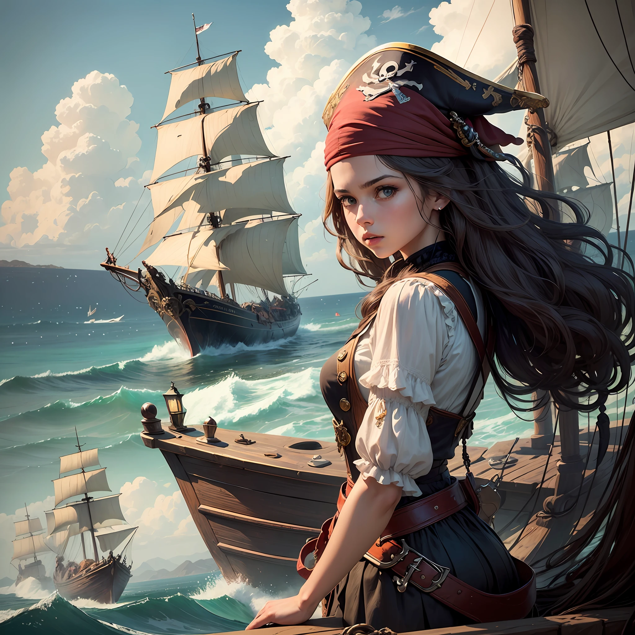(masterpiece, ultra-quality, ultra-detailed), landscape, young girl, pirate, pirates of the caribbean, girl looking from shore to sea, intricate details, battle sailboats, scene from the life of pirates --auto