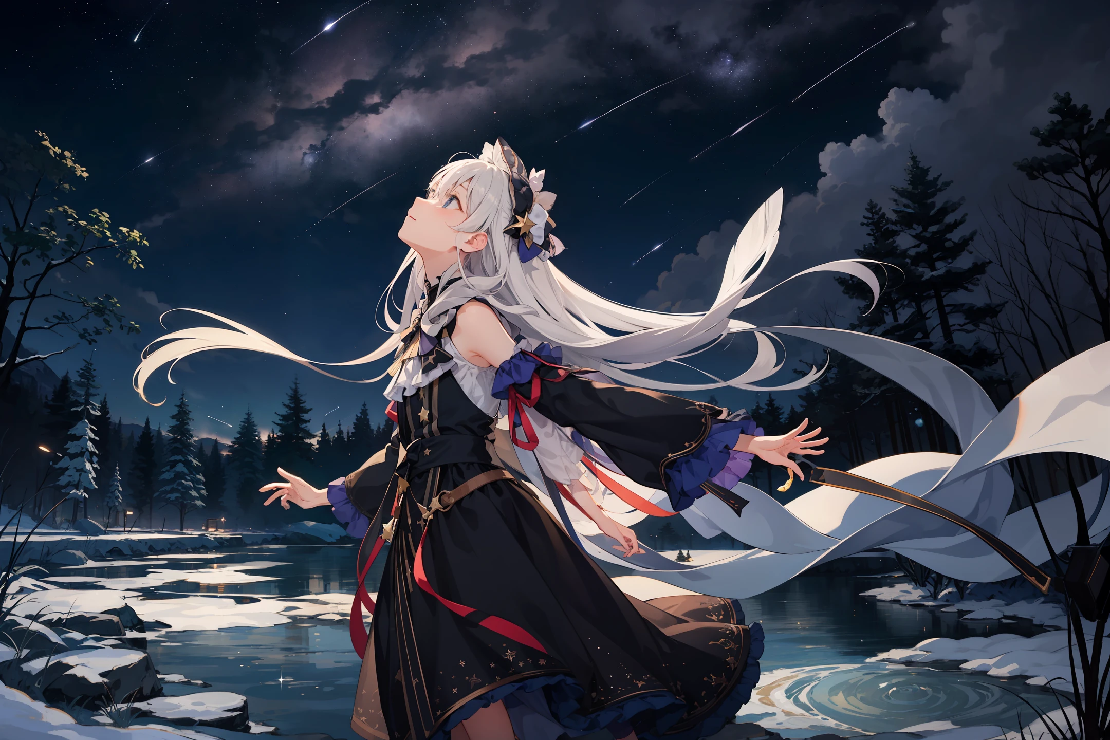 Vast night sky、Starry sky、Flowing Shooting Stars、One girl looks up at the night sky by the river, reflecting the night sky in the forest、Dynamic、Dreamy