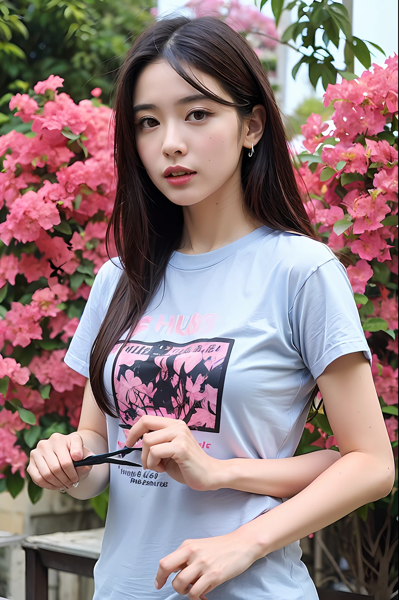 (Highly detailed body、extremely detailed face、The best quality:1.2)、a woman、Watch your audience、(pink bougainvillea chaos in the background:1.4)、houses、T-shirt