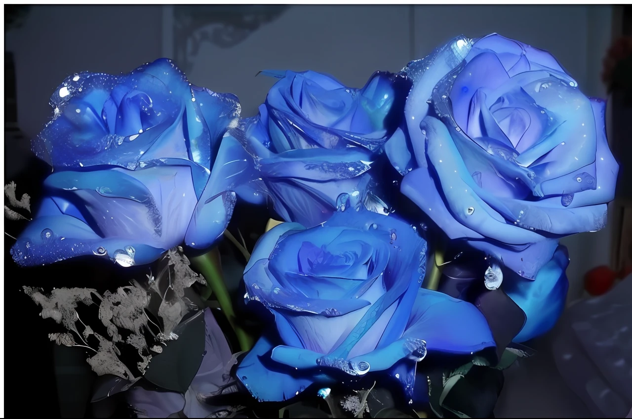 There are blue roses in the vase，There are water droplets on it, blue rose, brilliant royal blue, blue flowers, vibrant but dreary blue, rich blue color, rich blue colors, rendering a blue rose, blue colored, blue and silver colors, silver and blue colors, blue - petals, nebulous bouquets, blue flowers bloomed all over, vibrant blue --auto
