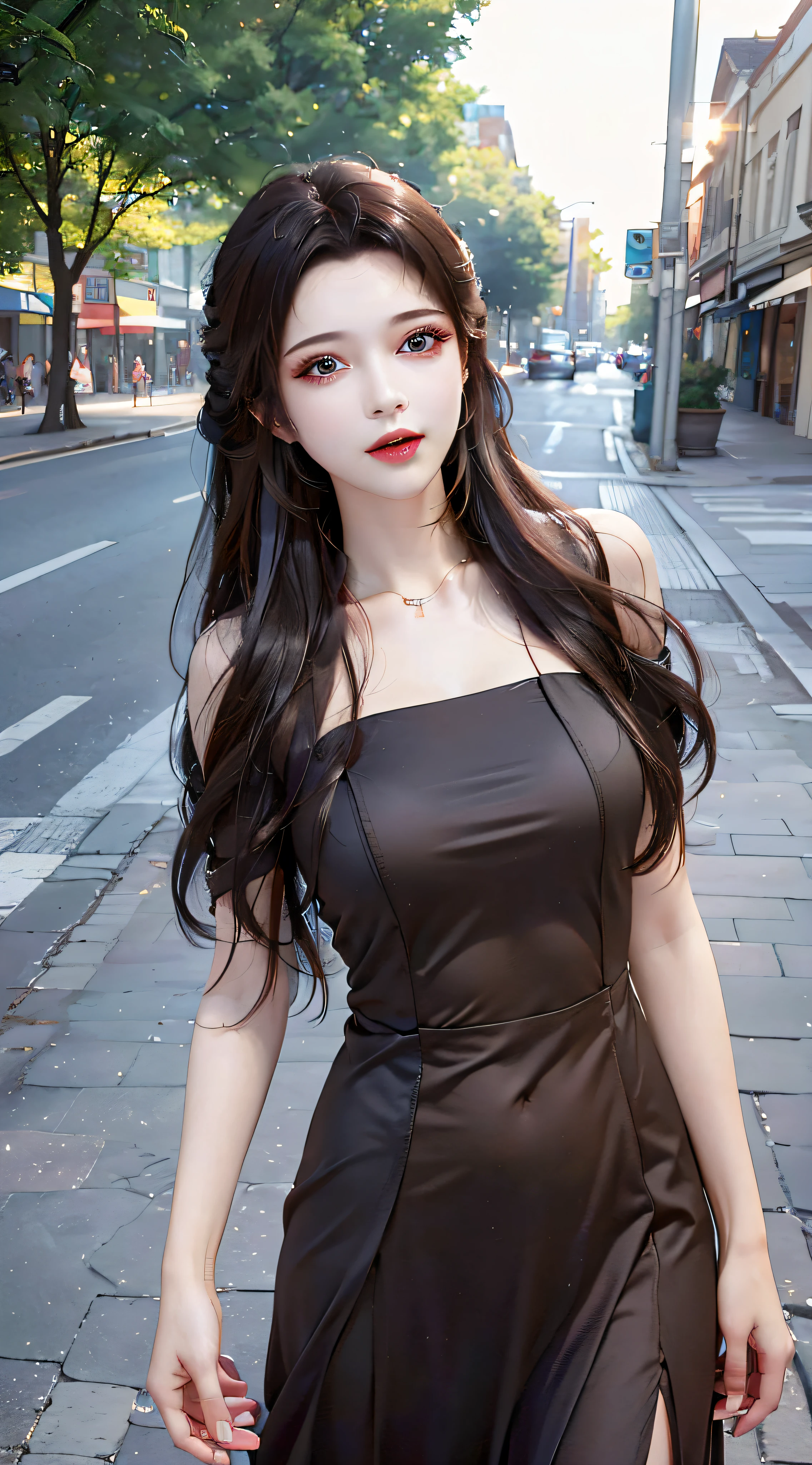 ((Best quality, 8k, Masterpiece :1.3)), 1girl, smiling, full body, slim face, Pretty woman, (Dark brown hair), full length dress :1.1, Ultra-detailed face, Detailed eyes, Double eyelid, blur background, slim face, city, outside, street,