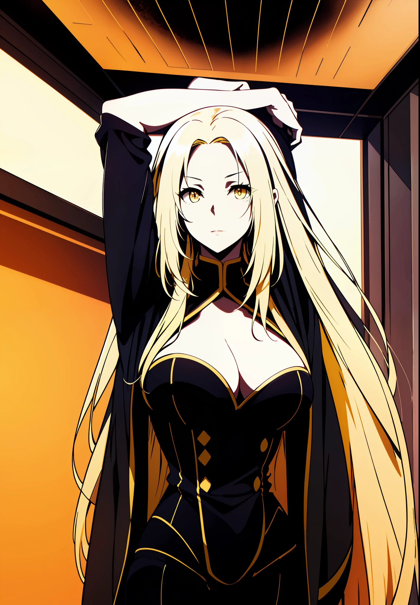 "Masterpiece, top-notch quality, stunningly high resolution,
1 woman, standing alone, arms raised, ample bosom, reaching towards the ceiling." Monochrome, yellow eyes, yellow hair, black and white background, black and white