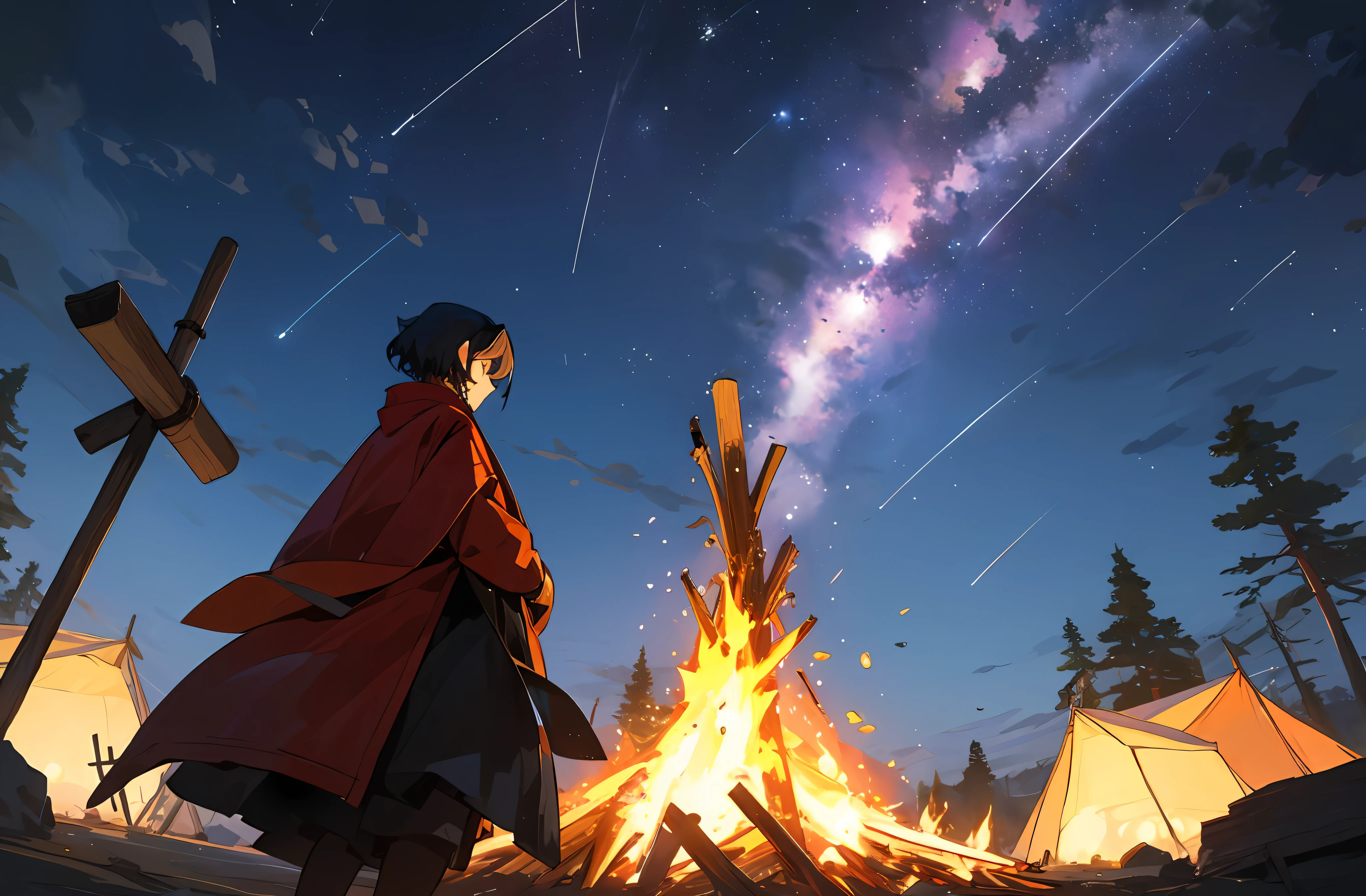 Woman observes（Orionids meteor showers），
Orionids meteor showers，Beautiful，
Woman， solo， bivouac， bonfire， Watch the Orionid meteor shower，
from back，from below，
outdoor，right