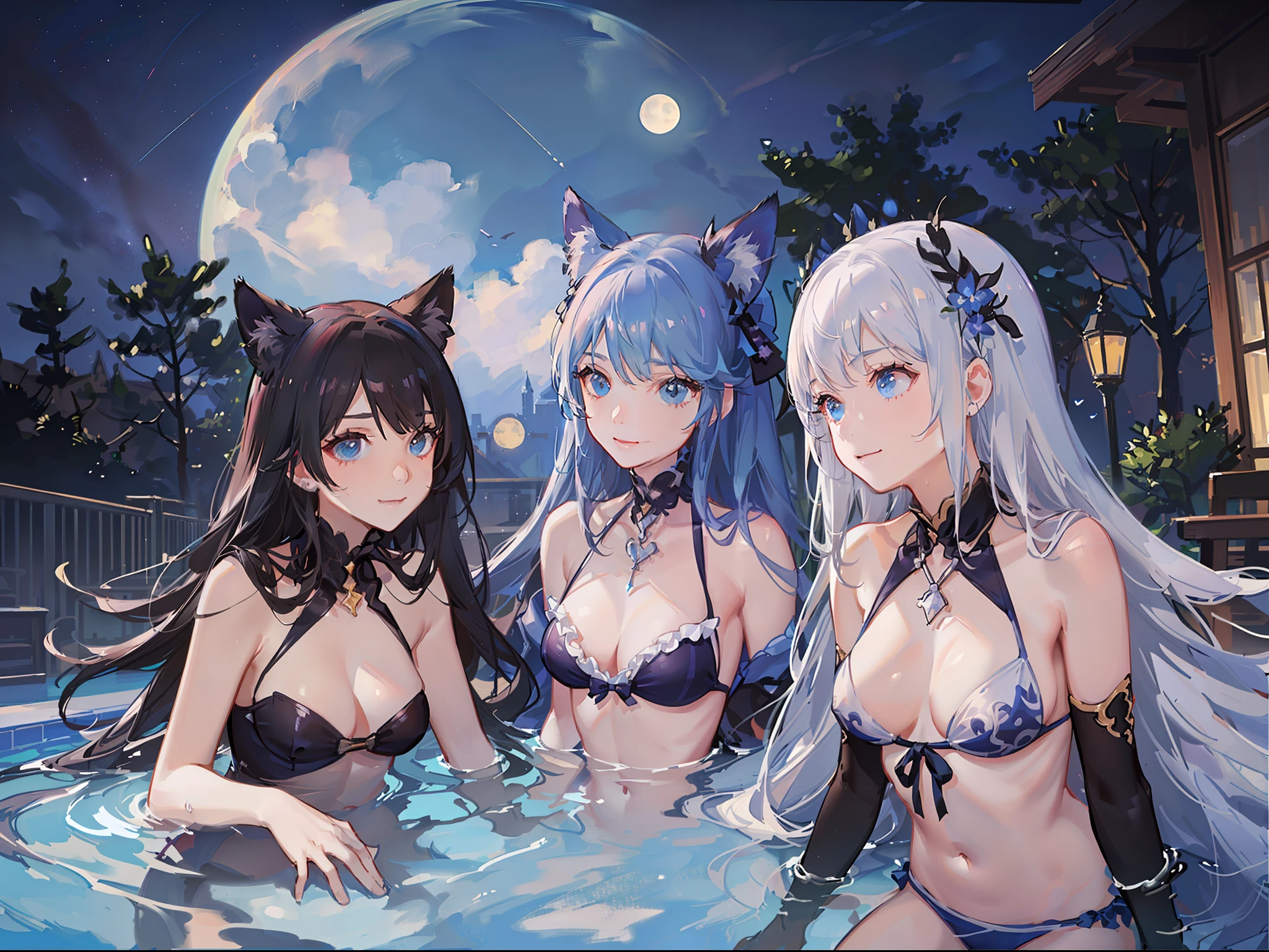 A few girls、smiling face、vitality、pleasant、appearance々Types of swimwear、appearance々Swimwear in different colors、appearance々Types of hairstyles、appearance々Hair color、appearance々Eye color、They're as flat as planks。They have flat breasts。Flat、They are considered very thin, petite and flat-breasted.、slight chest、faint breasts、modest chest、Lori、Vivid Color、Colorful、Amazing starry sky、Girls pointing at meteors、Humanoids in fantasy worlds、Witches、、Cat girl、Fox Maiden、Slime Girl、Harpy Girl、Shallow moonlit pool、Dim lighting by the pool、Illuminated Pool、Rooftop pool of the building、They are sitting by the pool and looking up at the starry sky happily、Angle from the ground by the pool、Angle from low、snapshot、Detailed depiction、Wet skin、