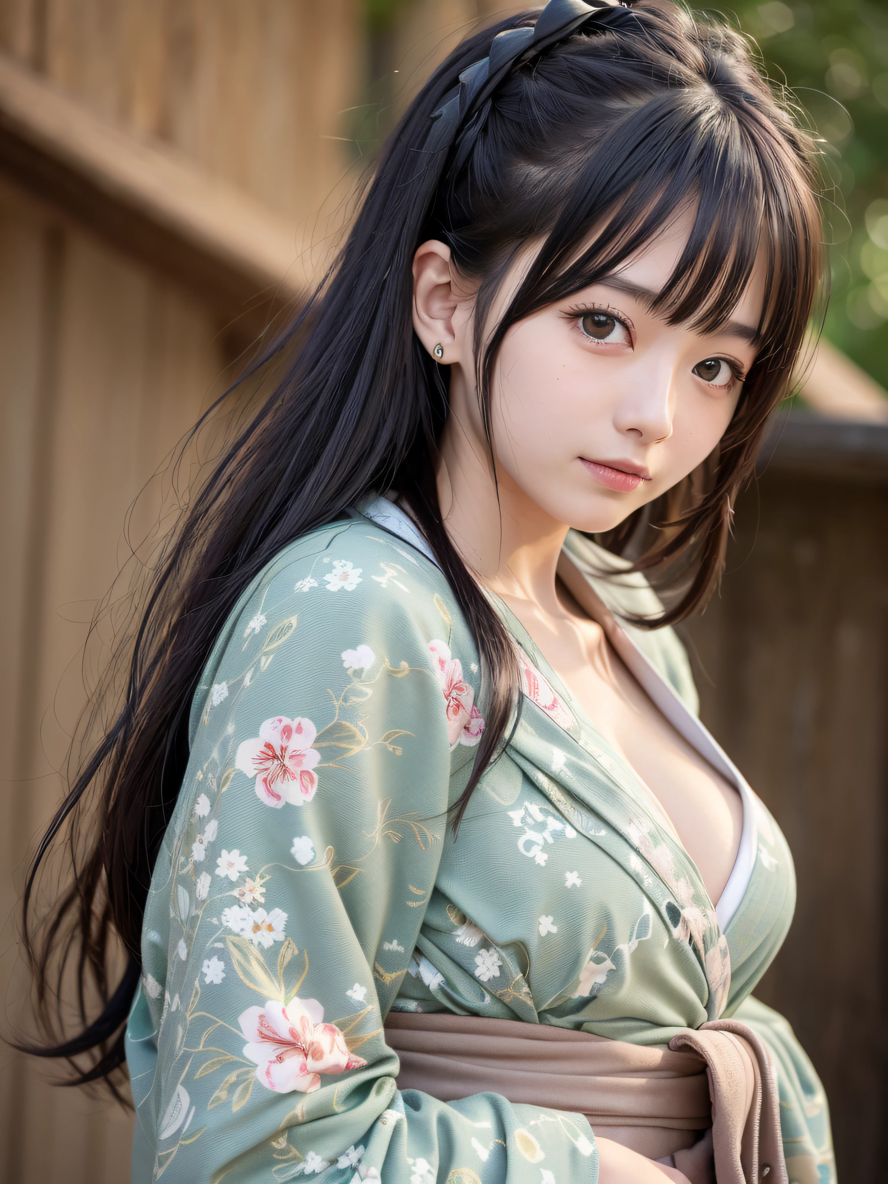 (realistic, photo-realistic:1.37), incredibly absurdres, (insanely detailed:1.3), 8k, (masterpiece), (best quality:1.4), (ultra high res:1.2), (RAW photo:1.2), ultra detailed background, (unity 8k wallpaper), 1 nogizaka girl, utterly cute, (bishojo:1.35), (15yo:1.4), (gothic lolita yukata-kimono), an exquisitely detailed and beautiful face and eyes and skin, detailed black shine hair, small-medium breasts, cleavage, a yukata-kimono with delicate and beautiful and soft fabric, smile at the camera, cowboy shot, maruyama park in kyoto, professional lighting